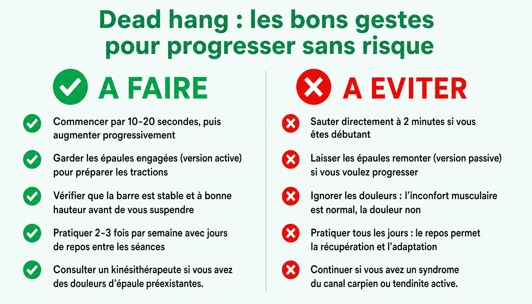 Infographie dead hang : bonnes pratiques et erreurs à éviter pour débuter en toute sécurité