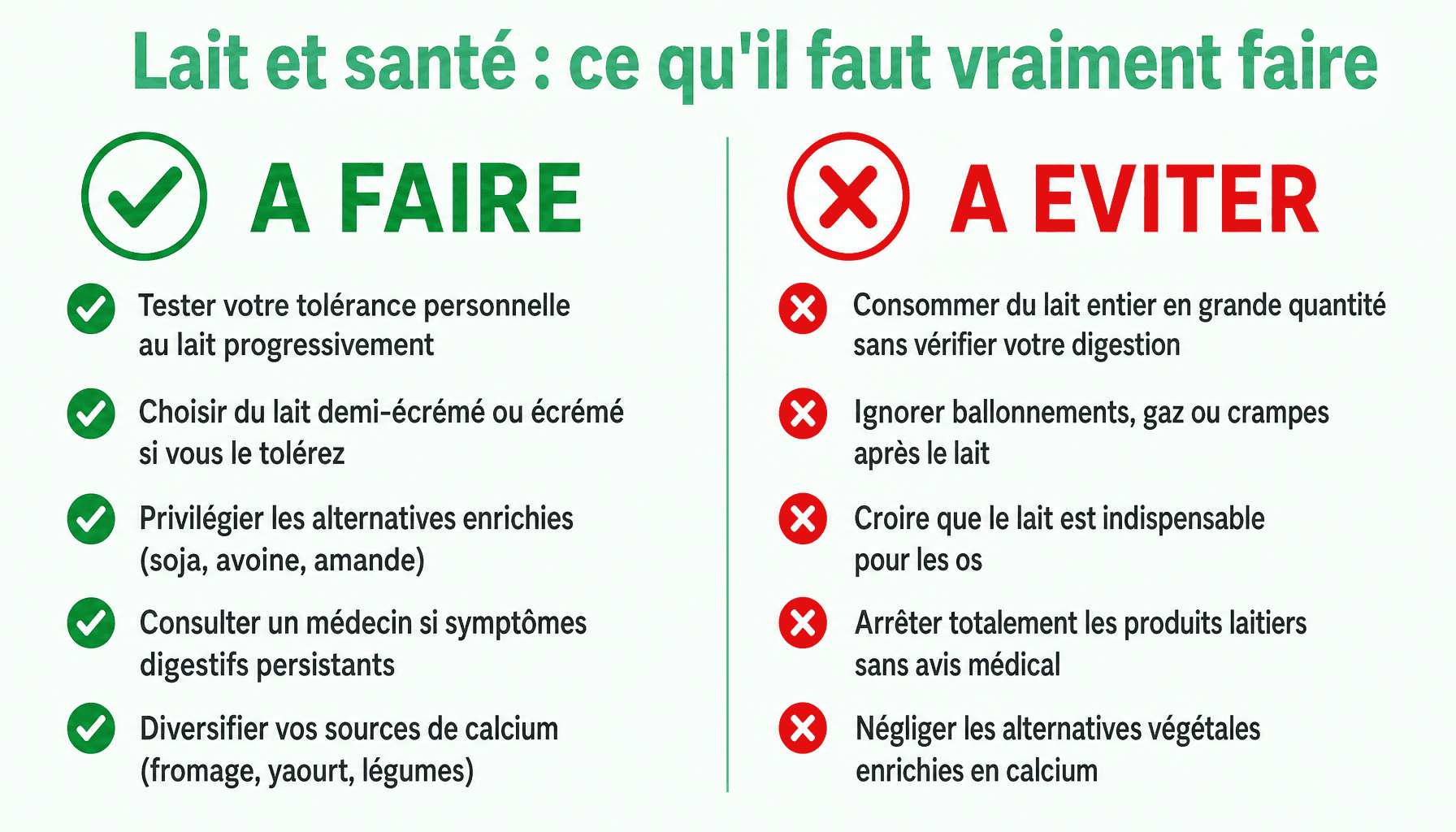 Infographie pourquoi le lait n'est pas bon pour la santé : conseils à faire et à éviter