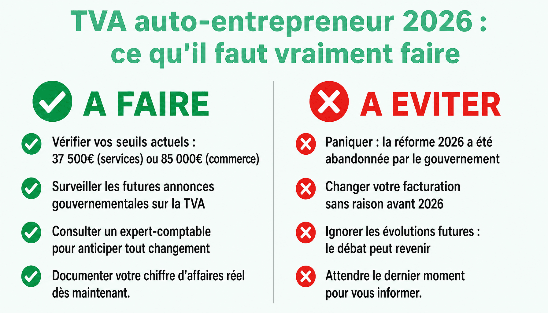 Infographie TVA auto entrepreneur budget 2026 : conseils à faire et à éviter pour les indépendants