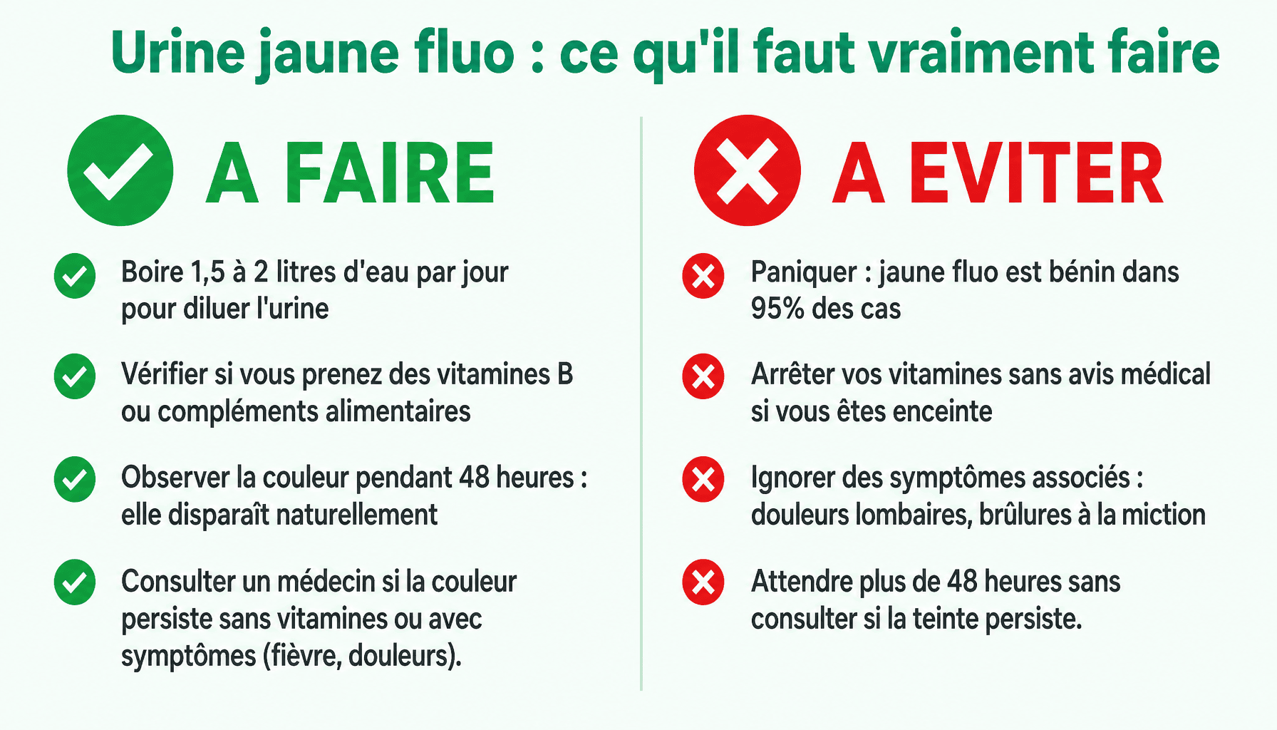 Infographie urine jaune fluo danger : conseils à faire et à éviter pour débutants
