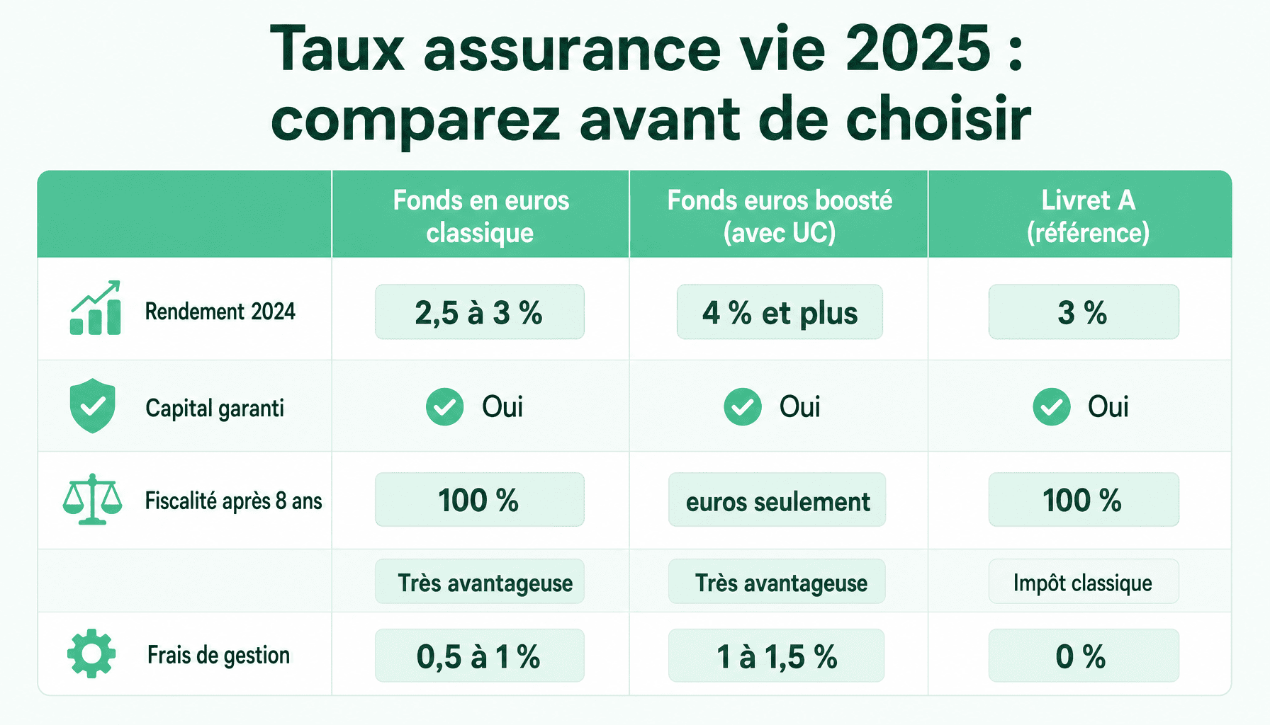 Tableau comparatif des taux des assurances vie 2024-2025 : fonds euros, rendements nets et avantages fiscaux