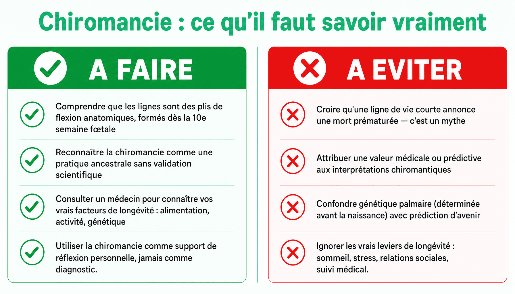 Infographie sur l'âge, ligne de la main et mort : mythes vs réalité scientifique