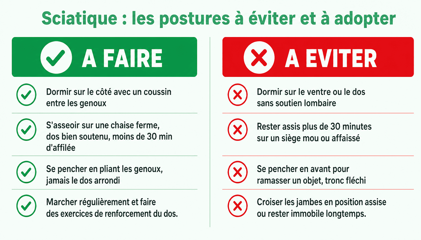 Infographie sciatique position à éviter : postures dangereuses vs bonnes postures pour soulager la douleur