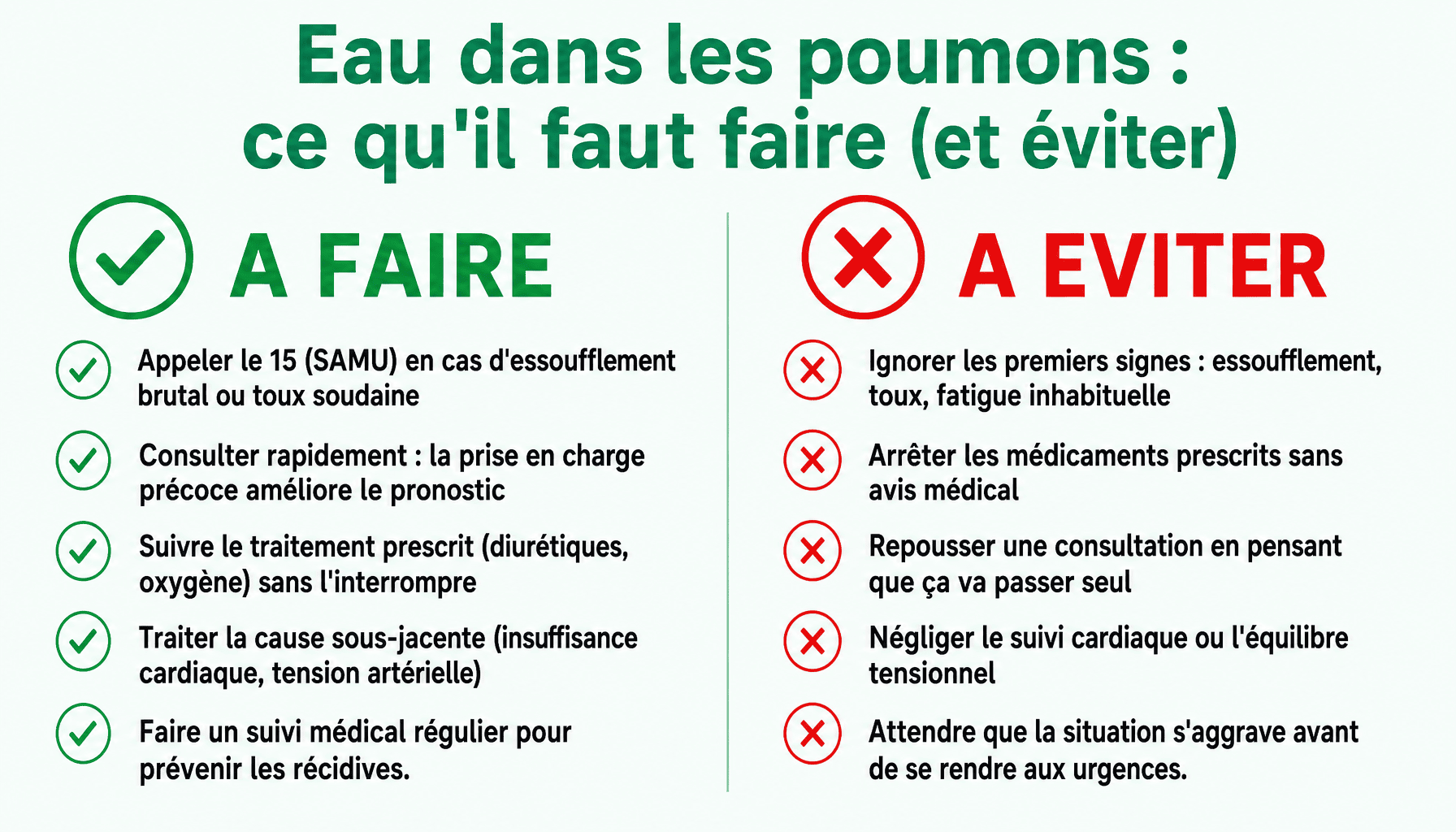 Infographie eau dans les poumons espérance de vie : gestes à faire et erreurs à éviter en cas d'œdème pulmonaire