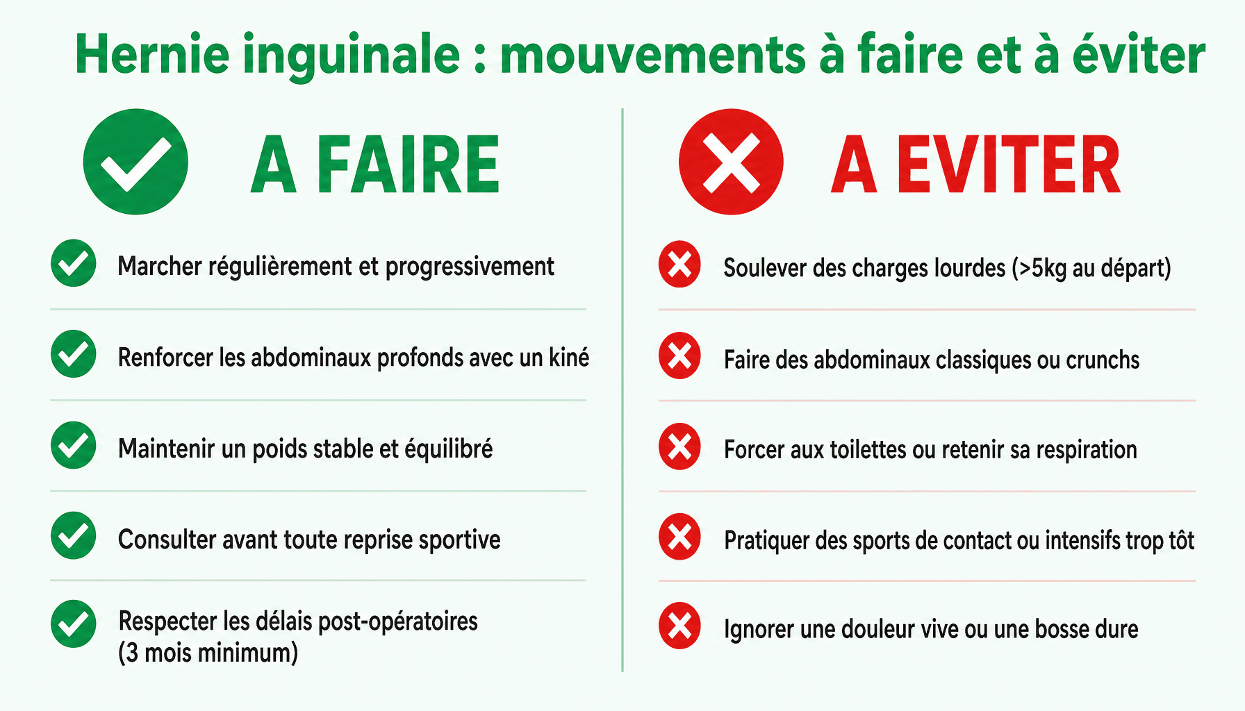 Infographie hernie inguinale mouvements à éviter : guide pratique des gestes sûrs et risqués