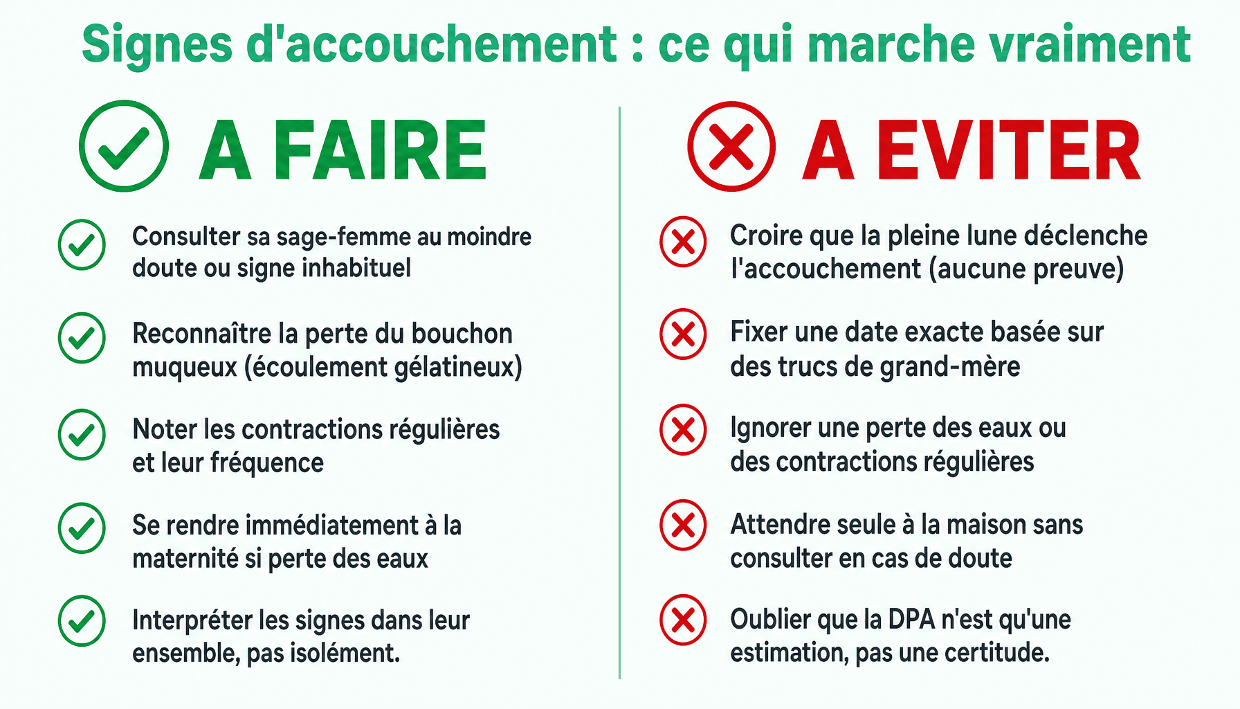 Infographie truc de grand mère pour savoir quand on va accoucher : signes fiables vs mythes