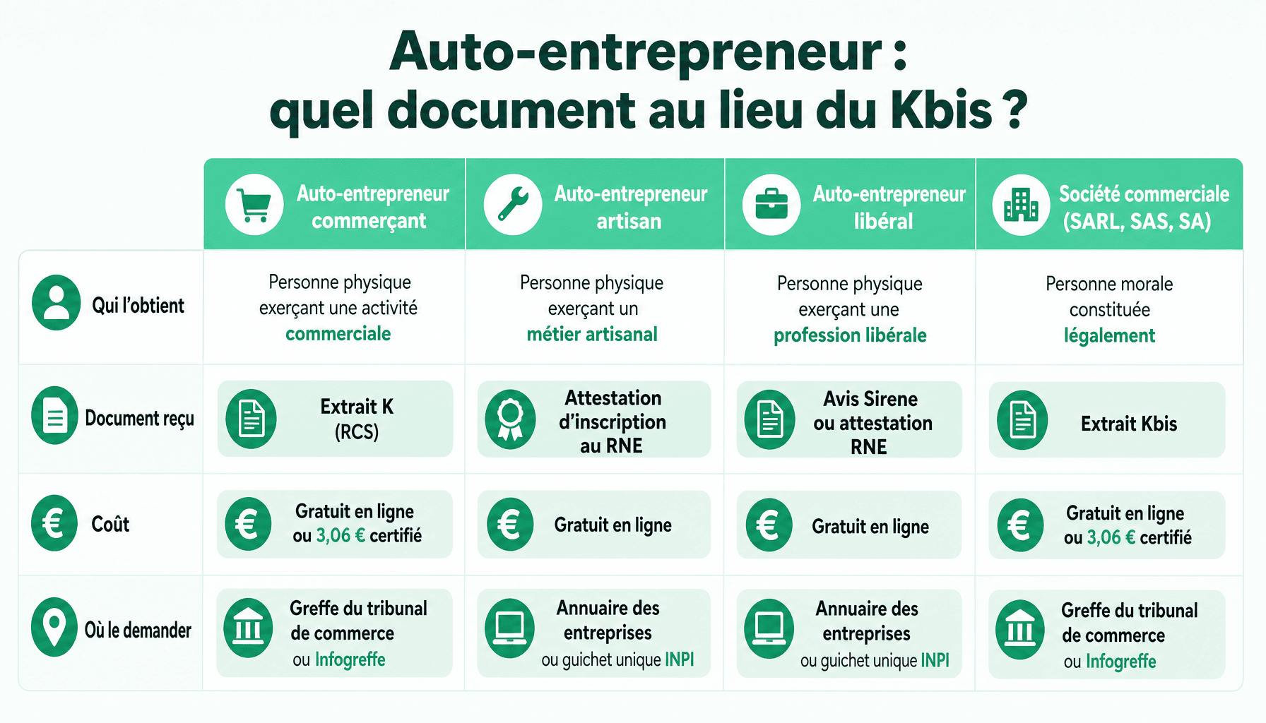 Comparaison des documents d'immatriculation pour auto-entrepreneur et kbis : extrait K, attestation RNE, avis Sirene
