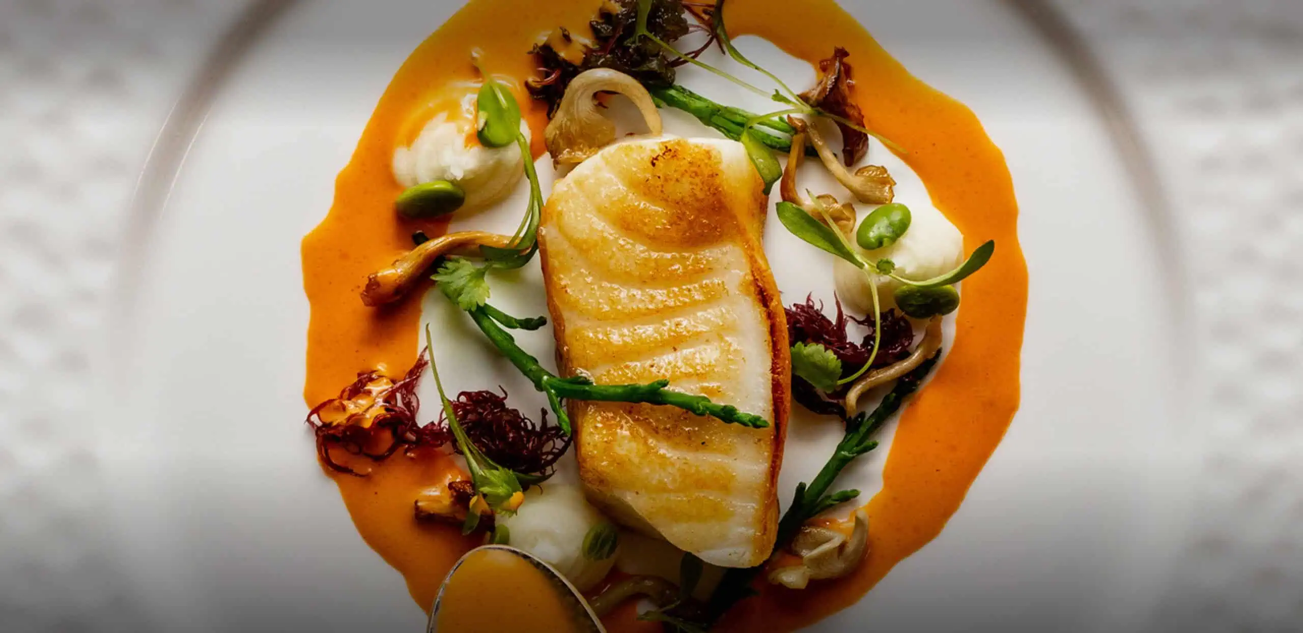 Upscale Fish Dish with Vibrant Vegetables and Sauce on a White Plate