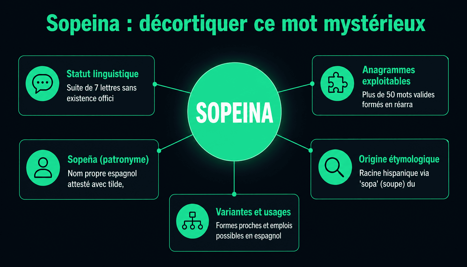 Infographie expliquant les 4 dimensions de sopeina : définition, anagrammes, patronyme et étymologie