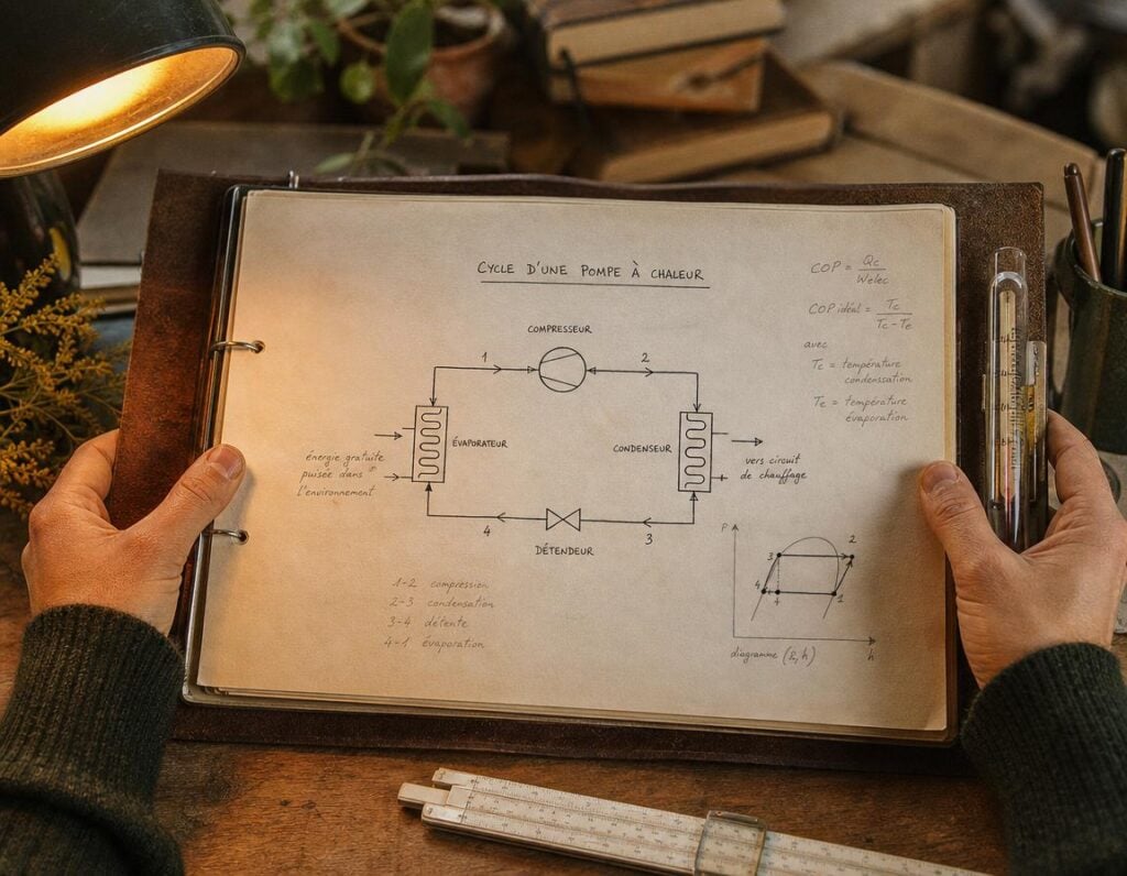 Schéma technique d’une pompe à chaleur dessiné à l’encre