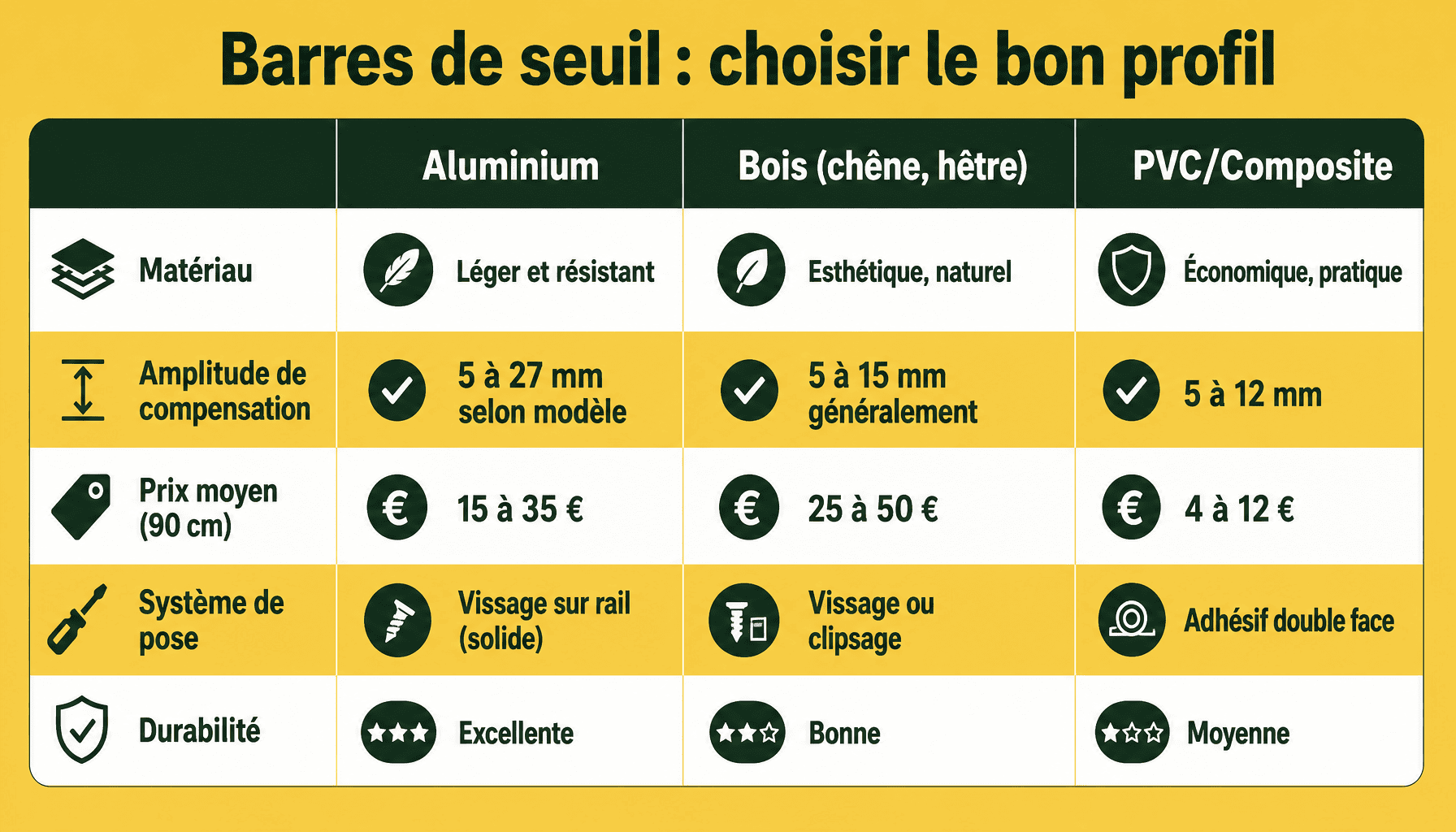 Comparaison des barres de seuil rattrapage de niveau : matériaux, prix, amplitude et pose
