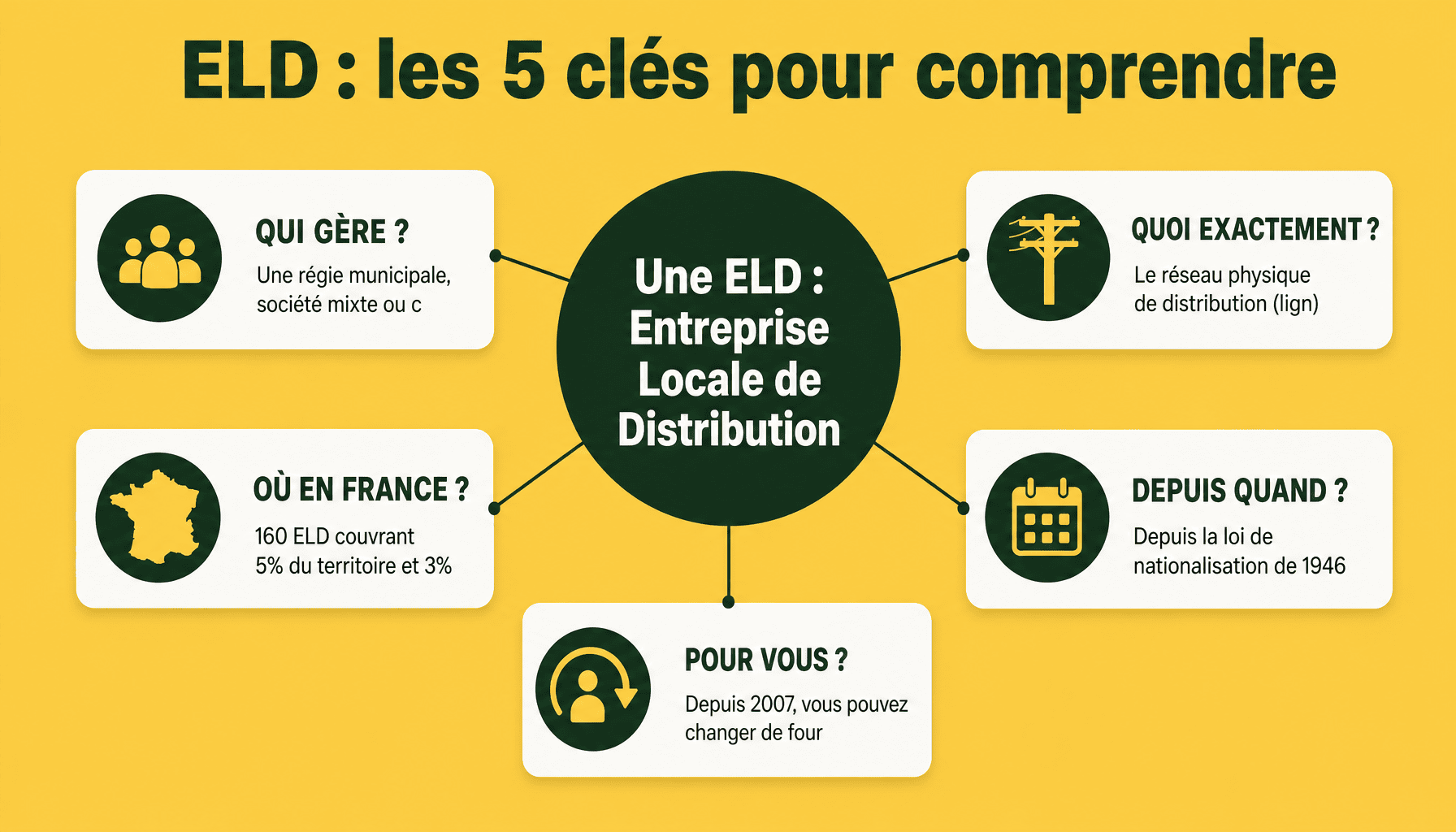 Infographie expliquant les 5 éléments clés des ELD (Entreprises Locales de Distribution) en France