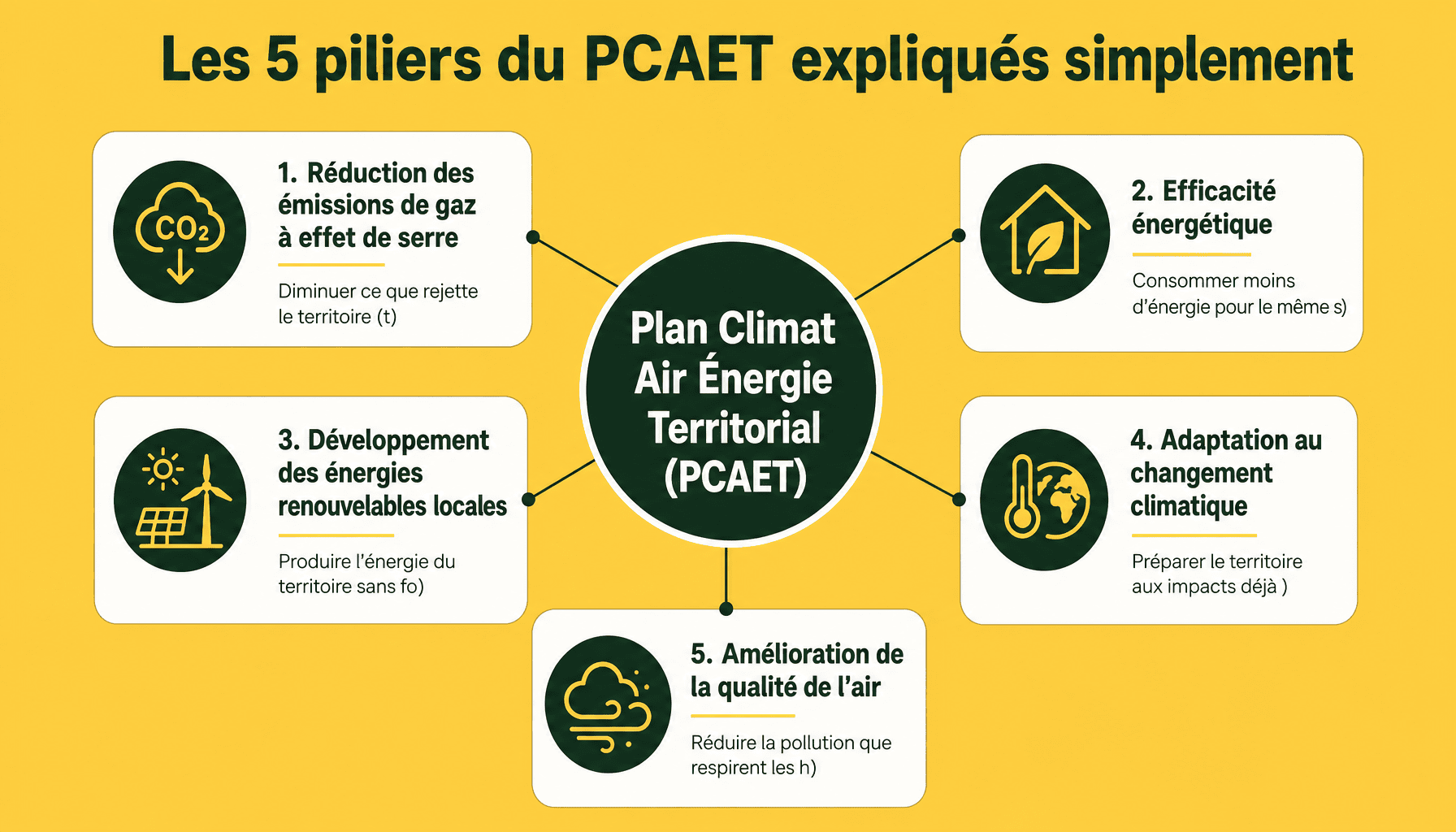 Infographie des 5 piliers du plan climat air energie territorial : réduction GES, efficacité énergétique, énergies renouvelables, adaptation climatique, qualité de l'air