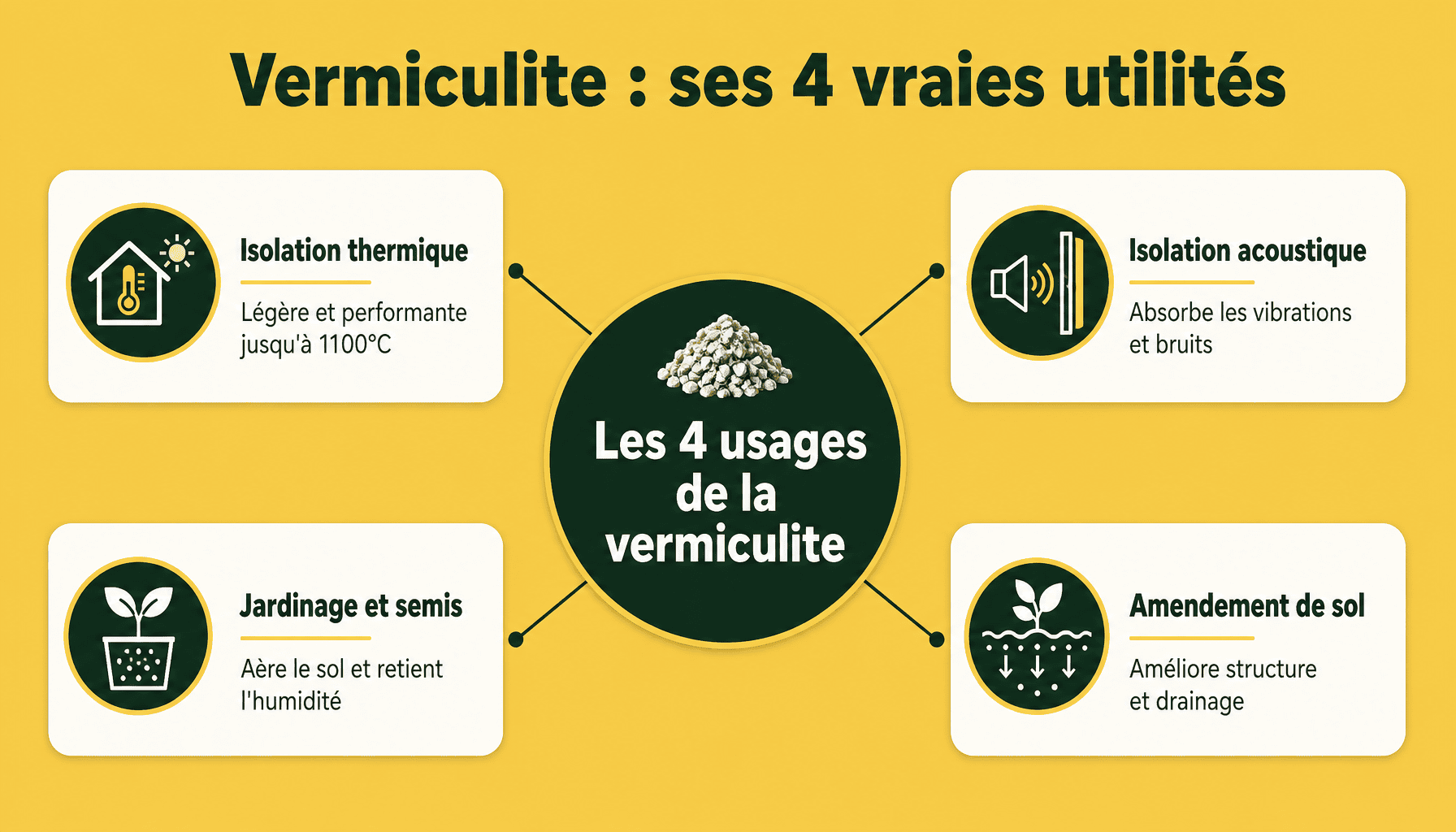 Infographie des usages de la vermiculite : isolation, jardinage, protection thermique et amendement de sol