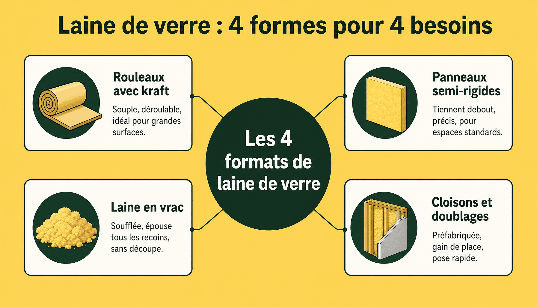 Infographie isolation en laine de verre : rouleaux, panneaux, vrac et cloisons expliqués pour débutants