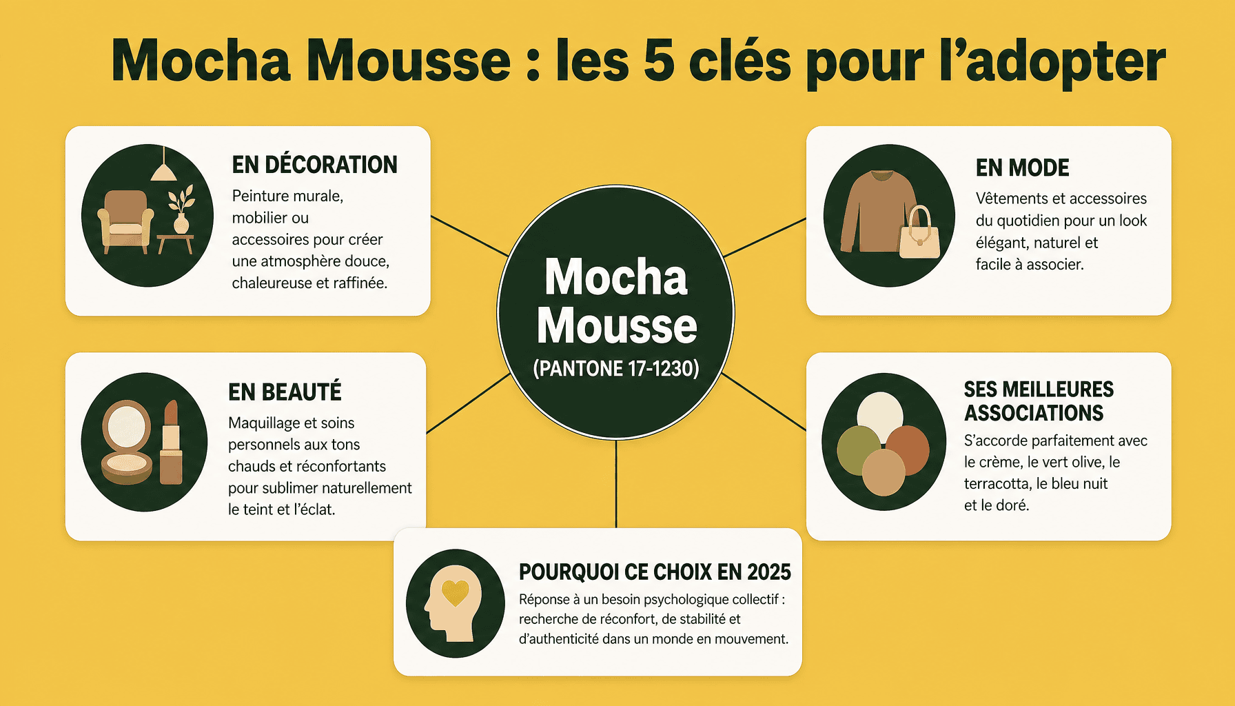Infographie : décomposition de Mocha Mousse, couleur Pantone 2025, en 5 applications pratiques pour intérieur, mode et décoration