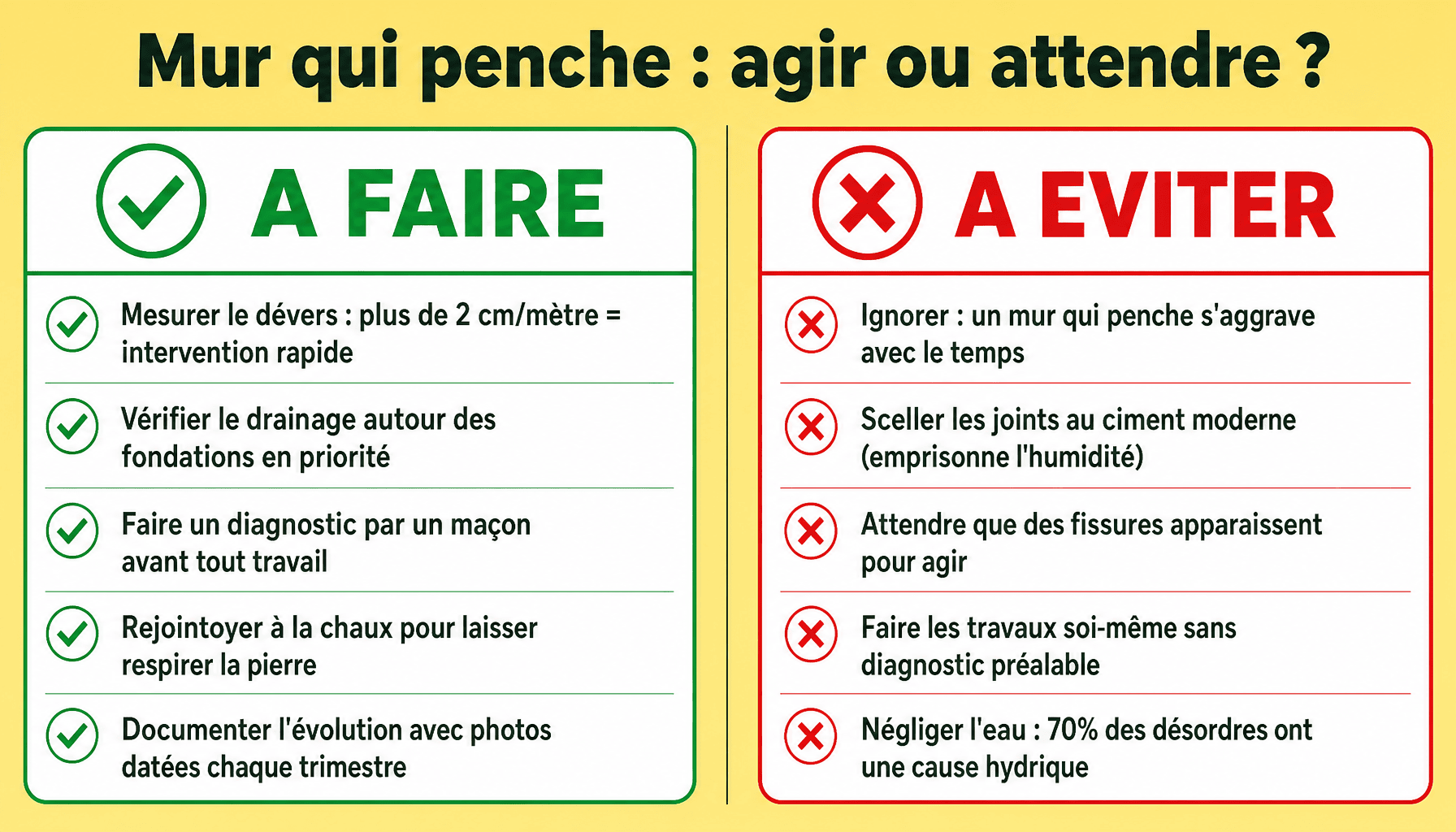 Infographie consolider un mur en pierre qui penche : bonnes pratiques et erreurs à éviter