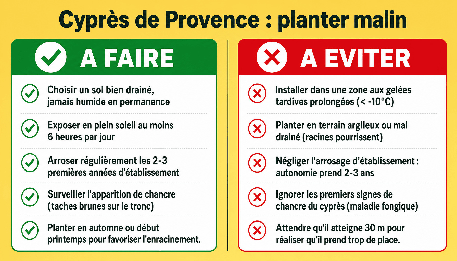 Infographie dos et don'ts pour cultiver le cyprès de Provence Cupressus sempervirens en jardin méditerranéen