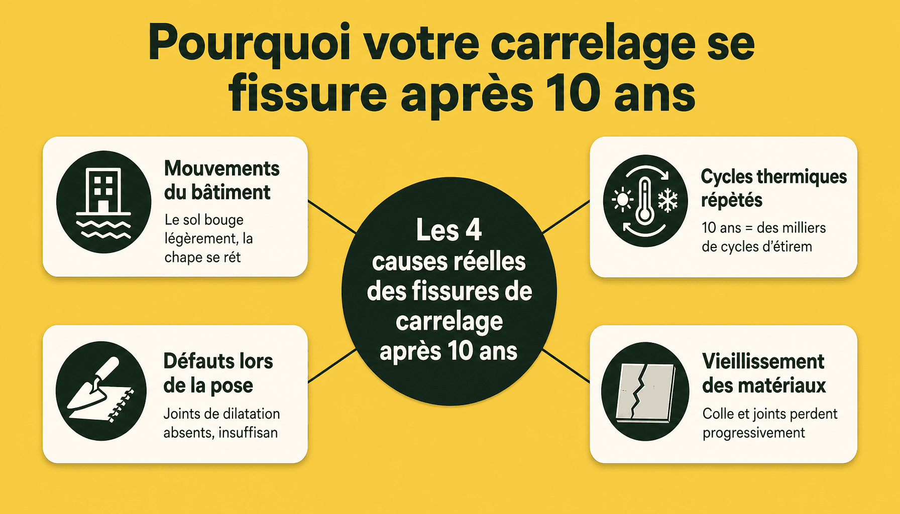 Infographie expliquant les 4 causes principales du carrelage qui se fissure après 10 ans : mouvements structurels, dilatation thermique, défauts de pose, vieillissement des matériaux