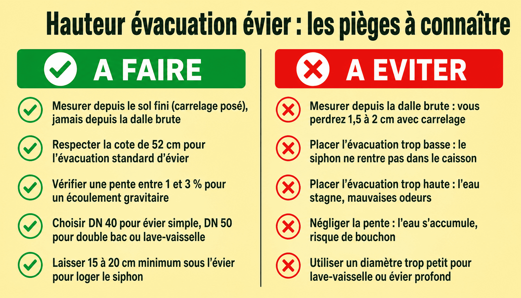 Infographie hauteur evacuation evier 52cm : erreurs courantes et bonnes pratiques pour installer correctement son siphon de cuisine