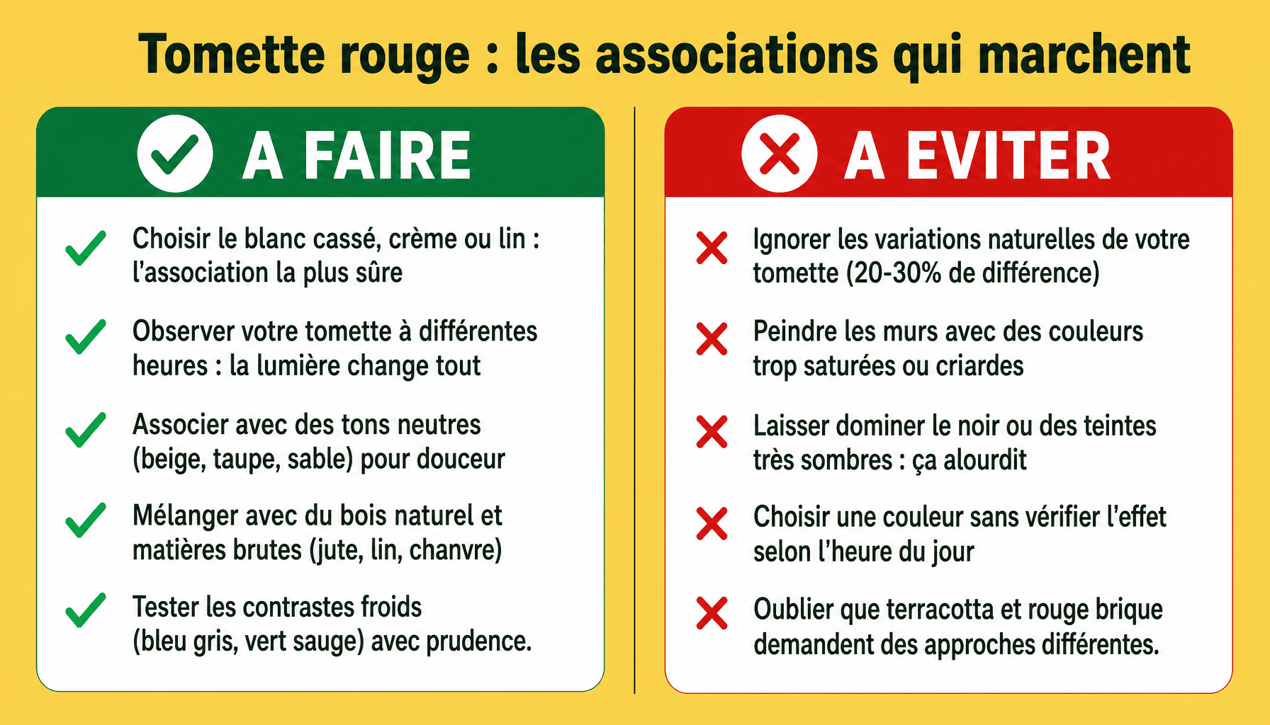 Infographie quelle couleur associer avec de la tomette rouge : à faire et à éviter pour harmoniser son intérieur