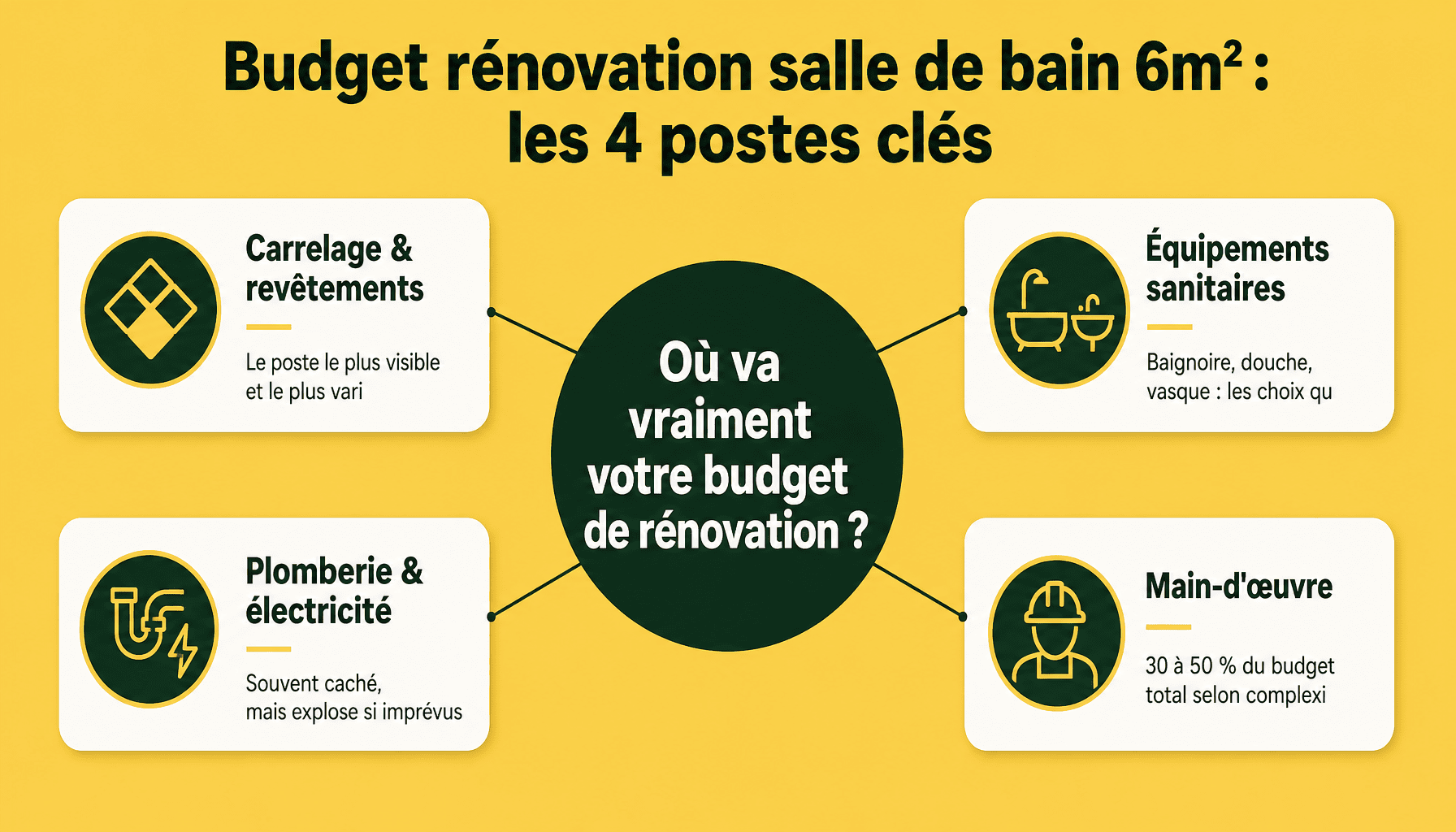 Décomposition des coûts pour prix rénovation salle de bain 6m2 : carrelage, équipements, plomberie, main-d'œuvre