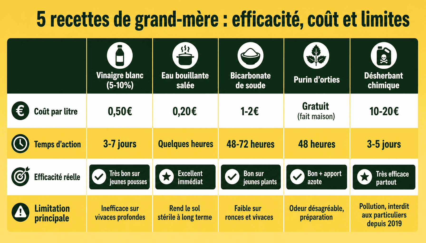 Comparaison des 5 recettes de grand-mère pour tuer les mauvaises herbes : vinaigre, eau bouillante, sel, bicarbonate, purin d'orties