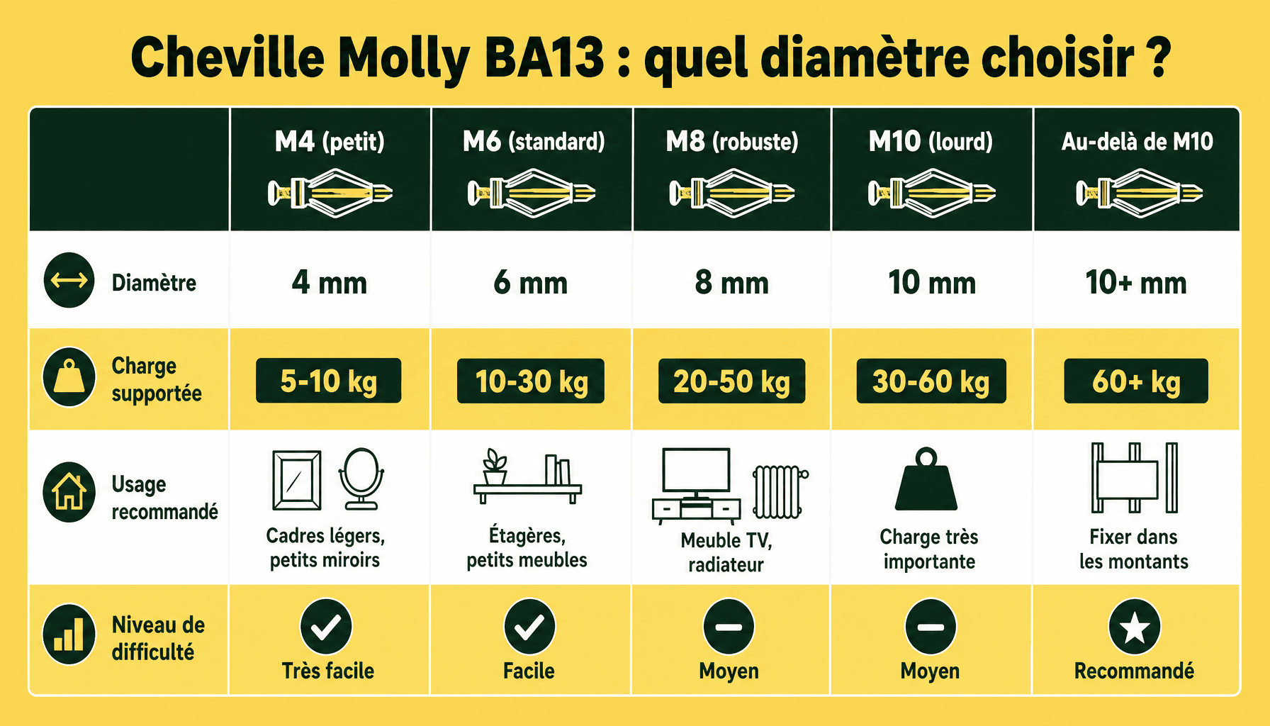 Tableau comparatif des tailles de cheville Molly pour BA13 : diamètres M4 à M10, charges supportées et usages recommandés
