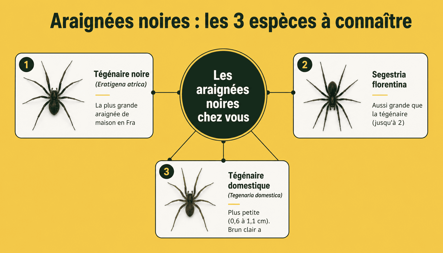 Infographie comparant 3 espèces d'araignées noires en France : tégénaire noire, Segestria florentina, tégénaire domestique