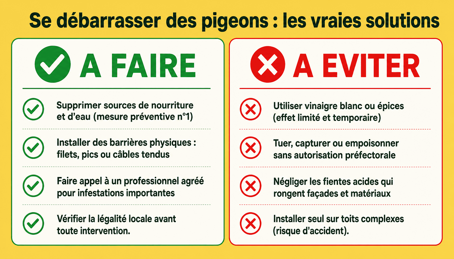 Infographie comment se débarrasser des pigeons : méthodes efficaces à faire et erreurs à éviter