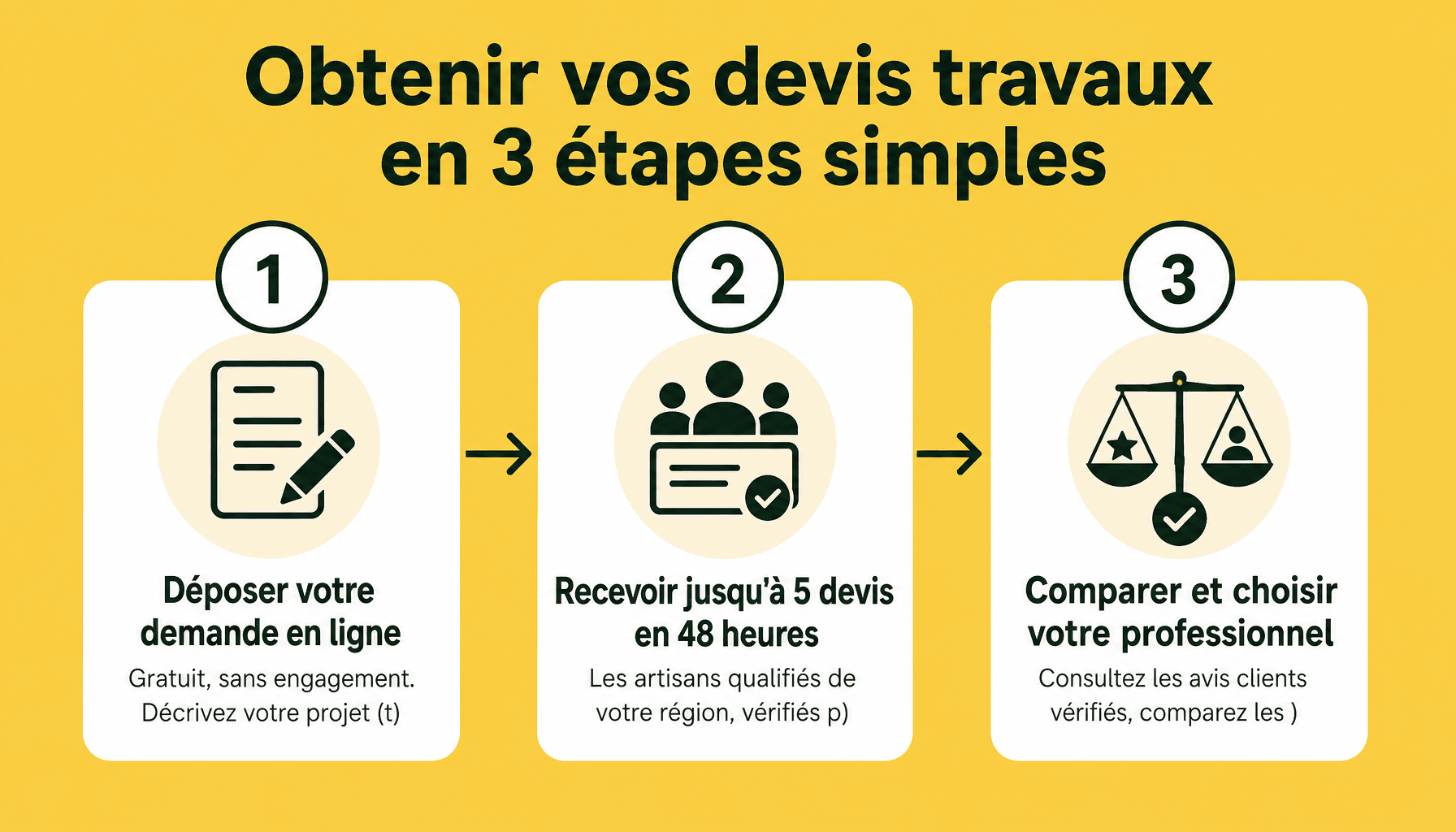 Les 3 étapes pour recevoir des devis travaux Habitatpresto : déposer sa demande, recevoir jusqu'à 5 devis en 48h, choisir son artisan