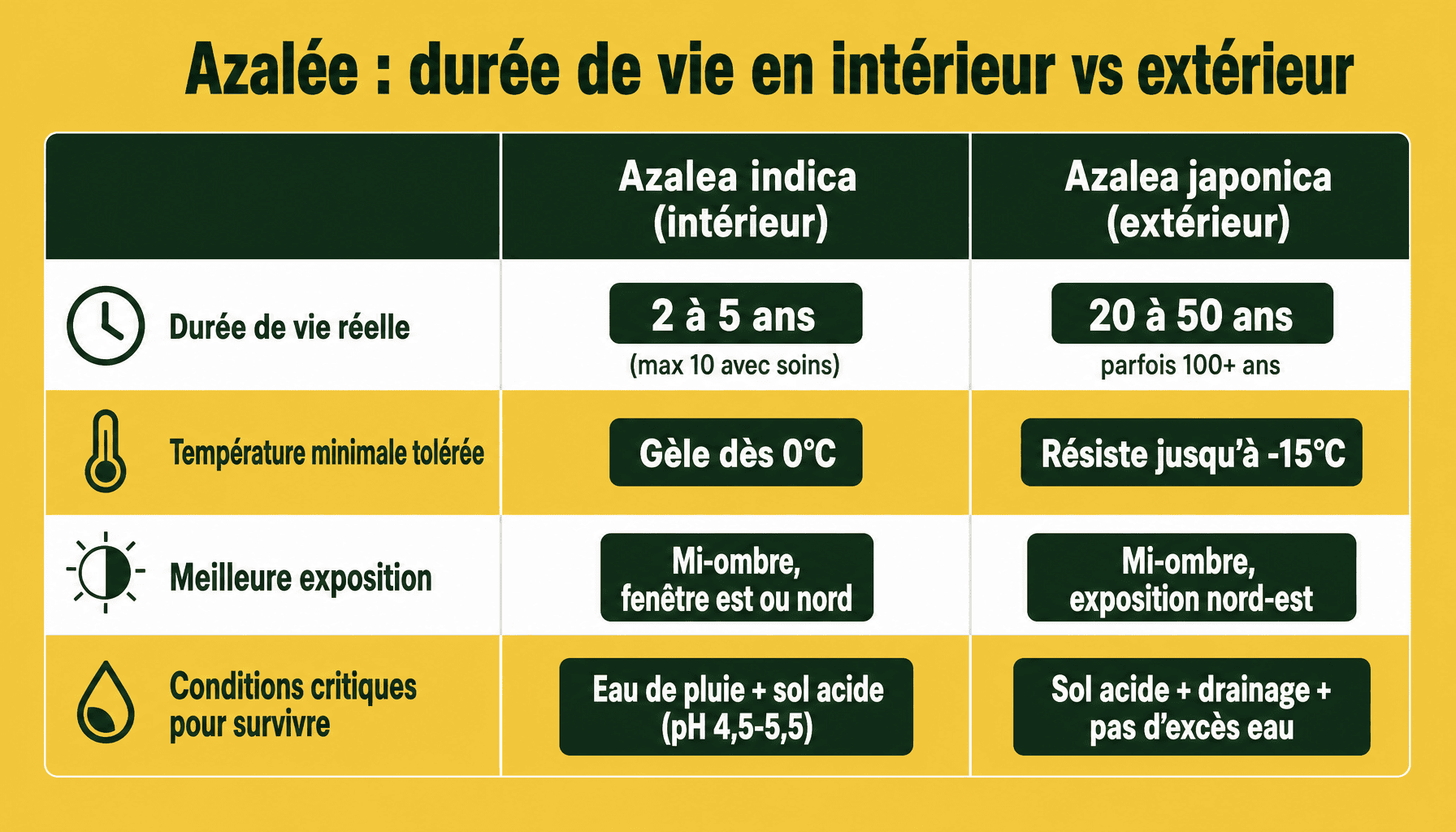 Comparaison durée de vie azalée indica intérieur et azalea japonica extérieur : variétés, longévité, conditions