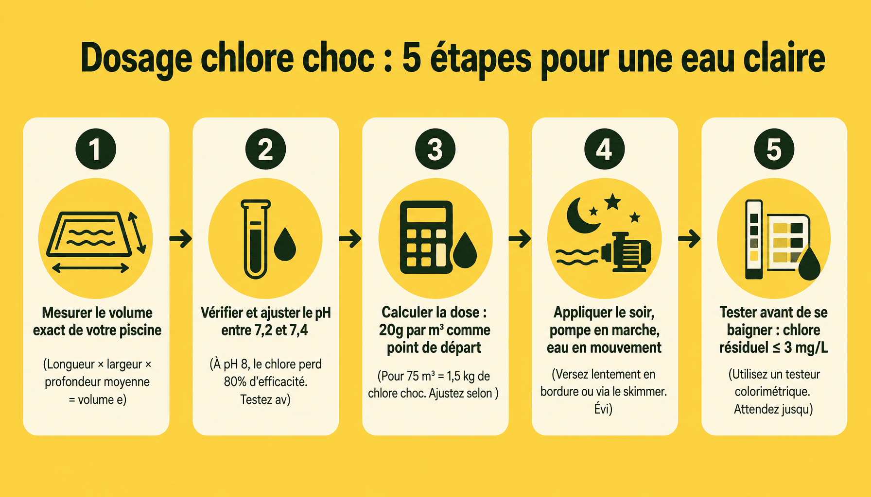 Guide pratique dosage chlore choc piscine par m3 : mesurer, ajuster pH, appliquer, attendre, vérifier
