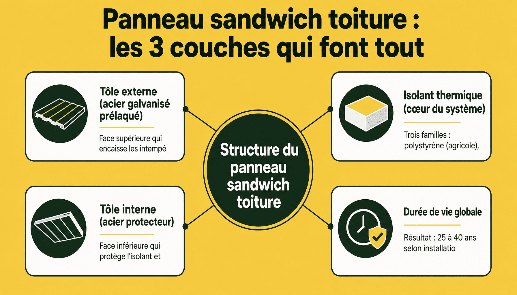 Infographie decomposition panneau sandwich toiture : structure tole isolant tole
