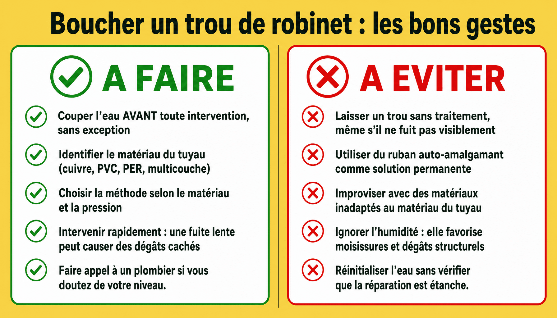 Infographie des bonnes pratiques et erreurs à éviter pour boucher trou robinet autoperceur sur canalisation