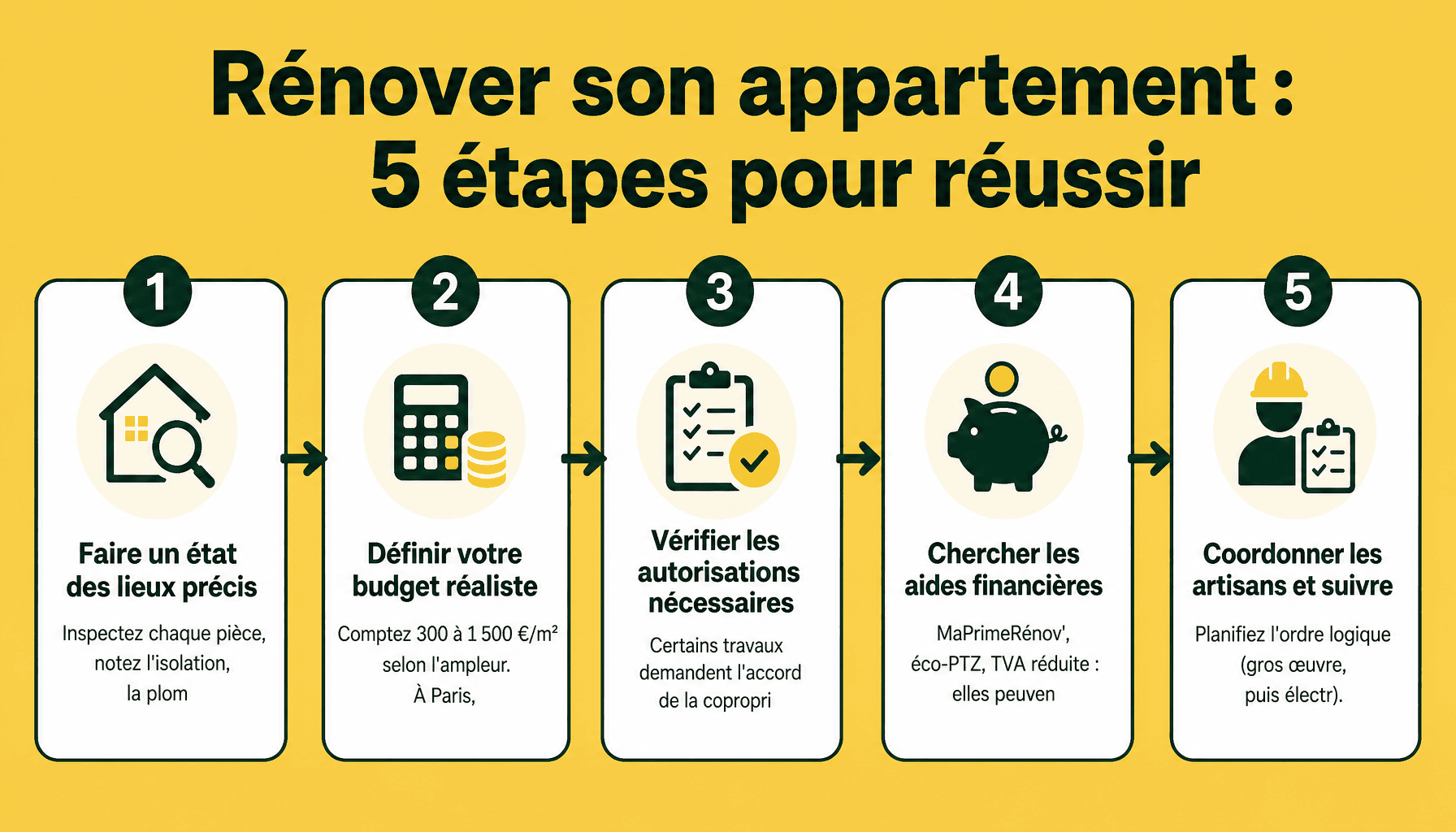 Infographie renovation-as.fr appartement : 5 étapes clés du projet de rénovation de A à Z
