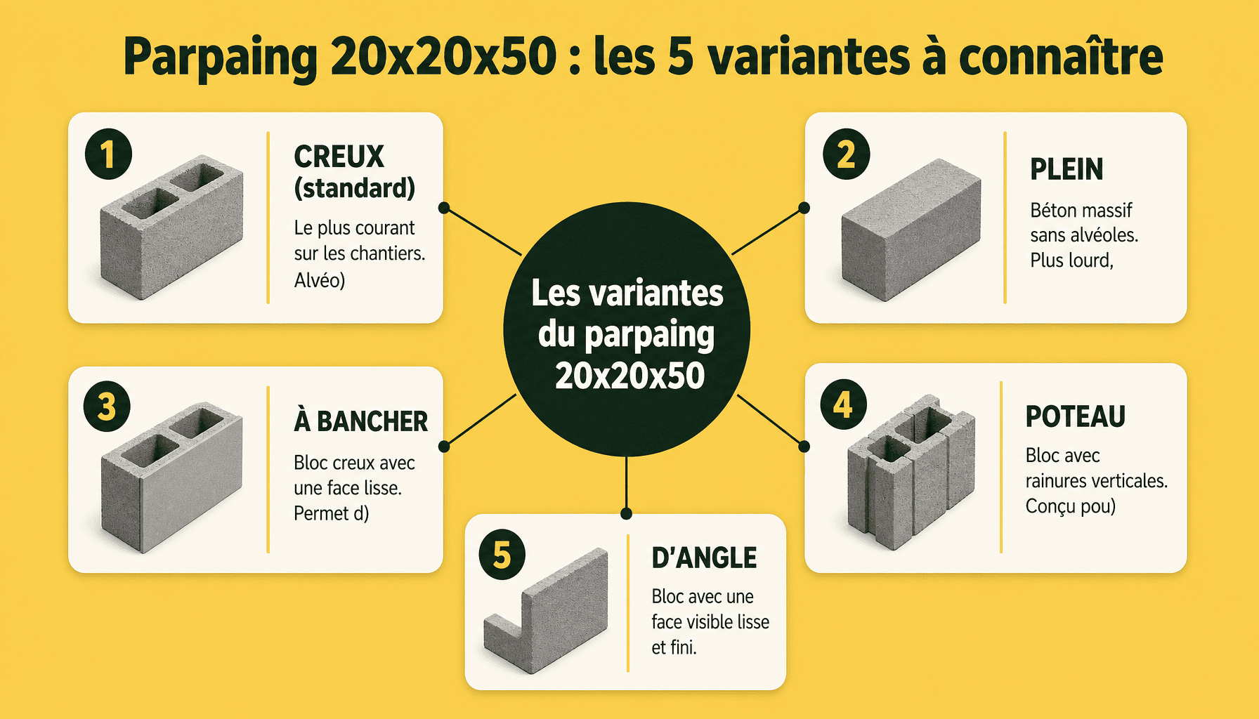 Les 5 types de parpaing 20x20x50 : creux, plein, bancher, poteau, angle. Infographie pour débutants en maçonnerie.