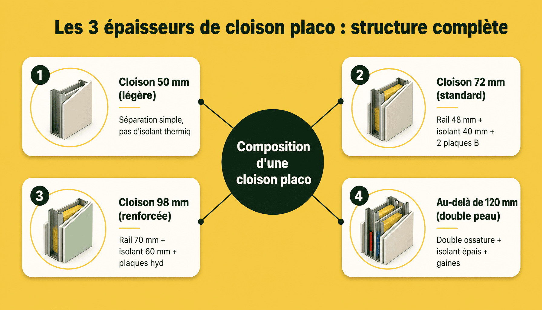 Infographie décomposition épaisseur cloisons placo 50 72 98 mm structure ossature isolant plaques