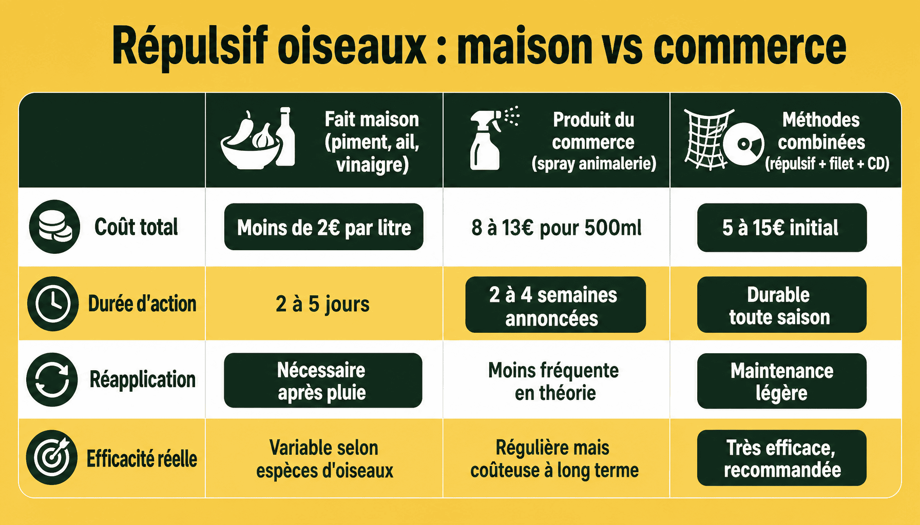 Comparaison répulsif oiseaux fait maison vs produits du commerce : coût, efficacité, durée