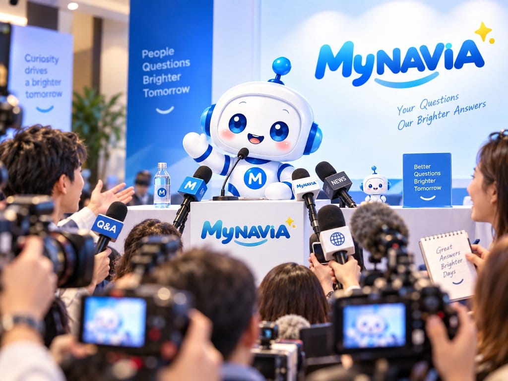 記者会見で多くの記者から質問を受けながら回答するMy NAVIA