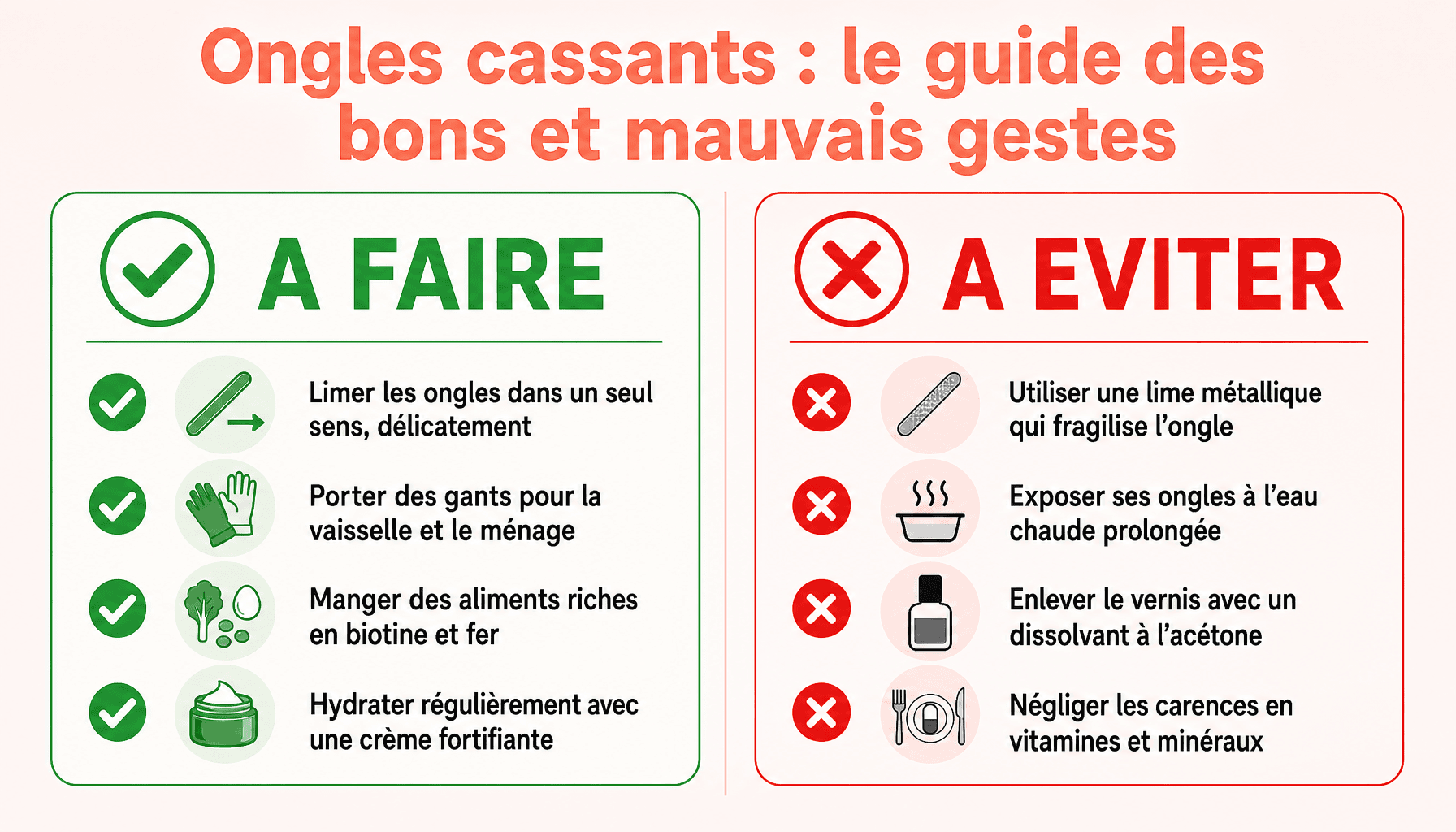 Infographie cause des ongles cassants : 4 bonnes habitudes et 4 erreurs à éviter pour des ongles forts