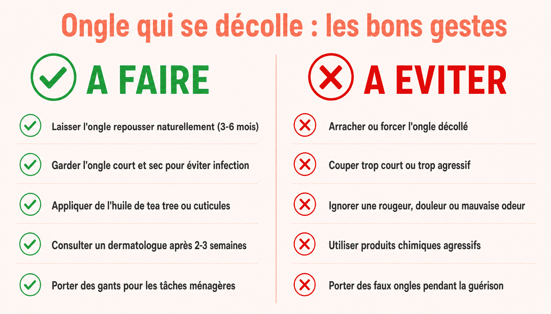 Infographie dos and don'ts pour soigner un ongle qui se décolle naturellement