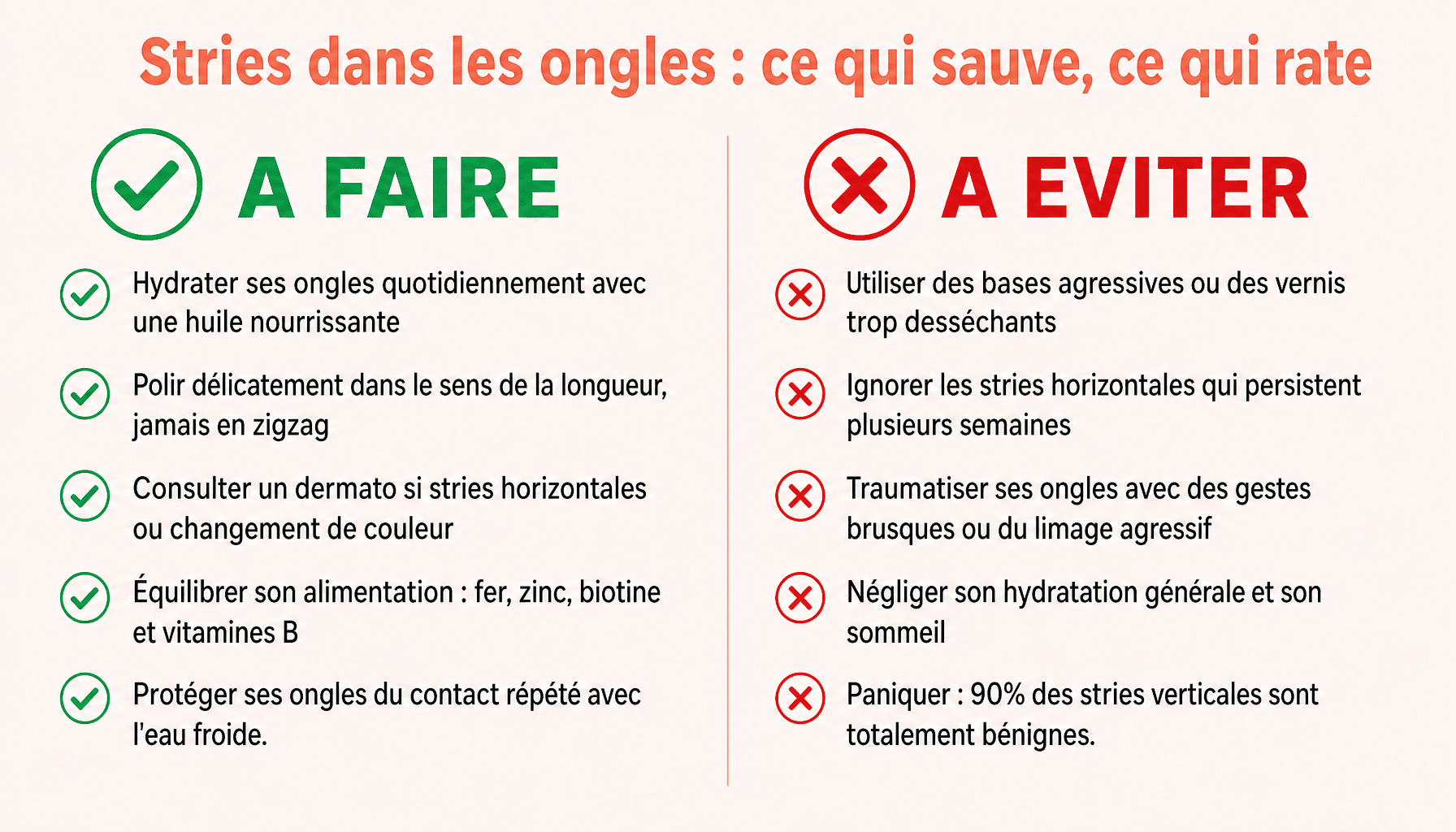 Infographie stries dans les ongles : bonnes et mauvaises pratiques pour des ongles sains