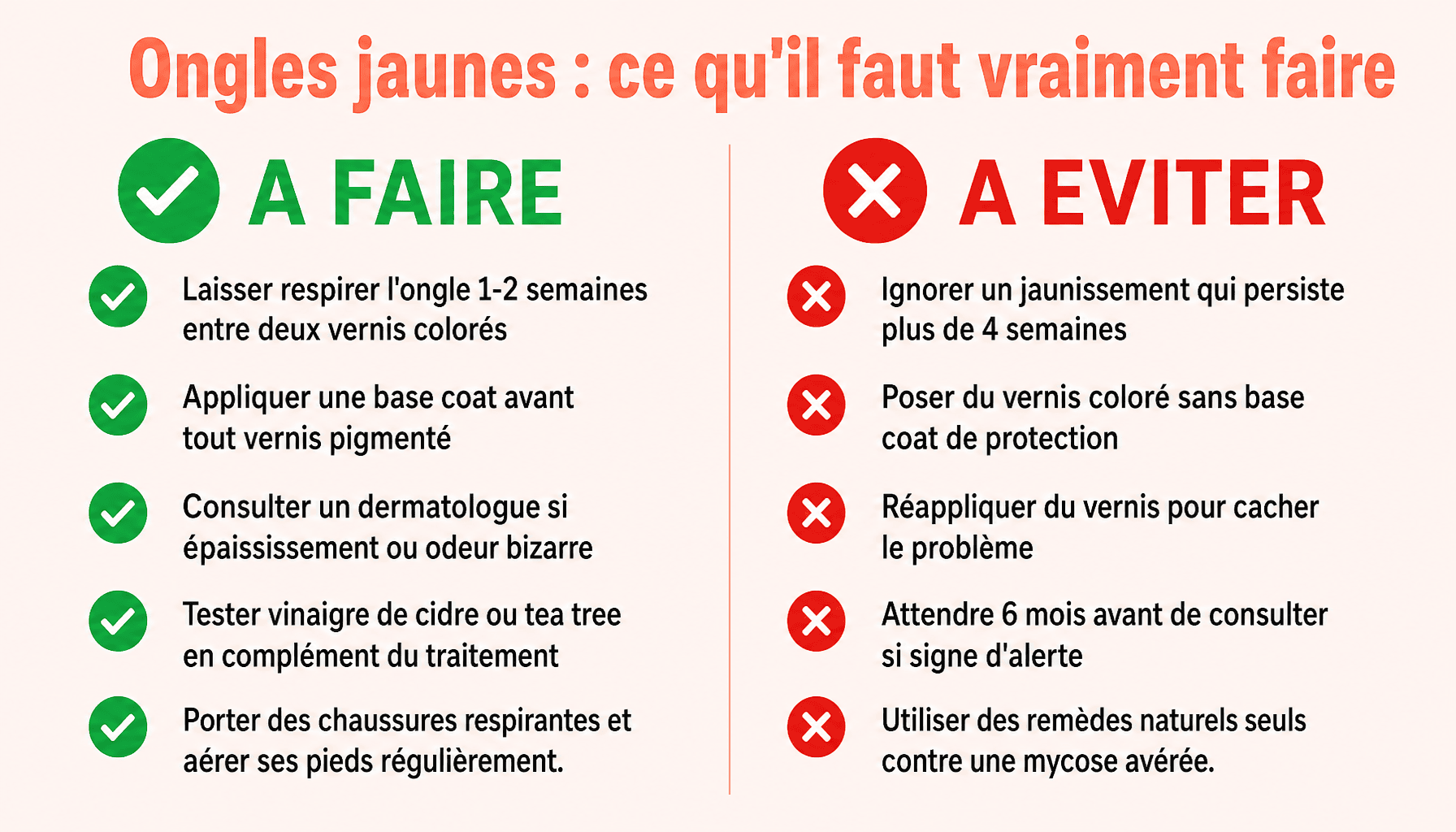 Infographie des bons gestes et erreurs à éviter contre les ongles de pied jaunes