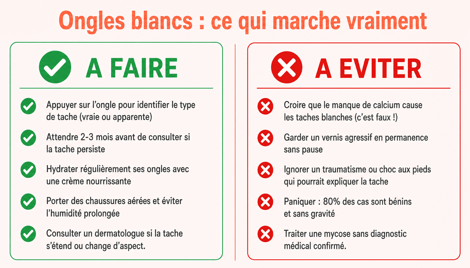 Infographie des bons gestes et erreurs à éviter pour traiter les ongles des pieds blancs