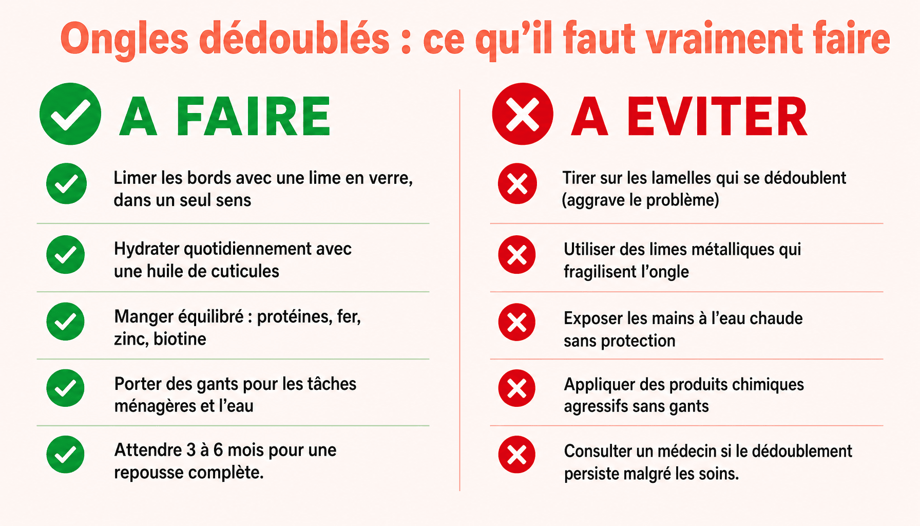Infographie ongles qui se dédoublent : conseils à faire et à éviter pour réparer et prévenir