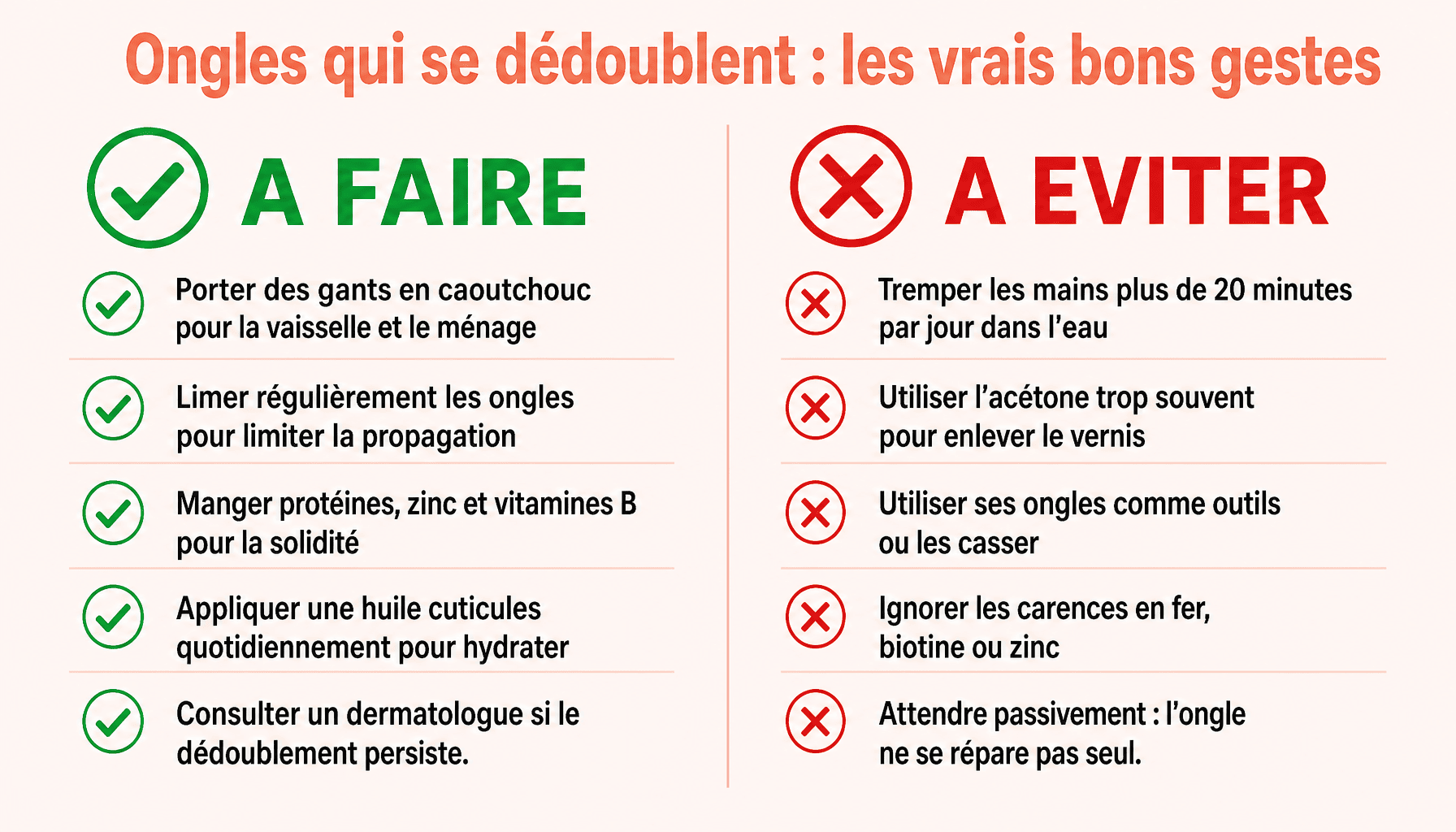 Infographie des gestes à faire et à éviter pour comprendre pourquoi mes ongles se dédoublent et les réparer