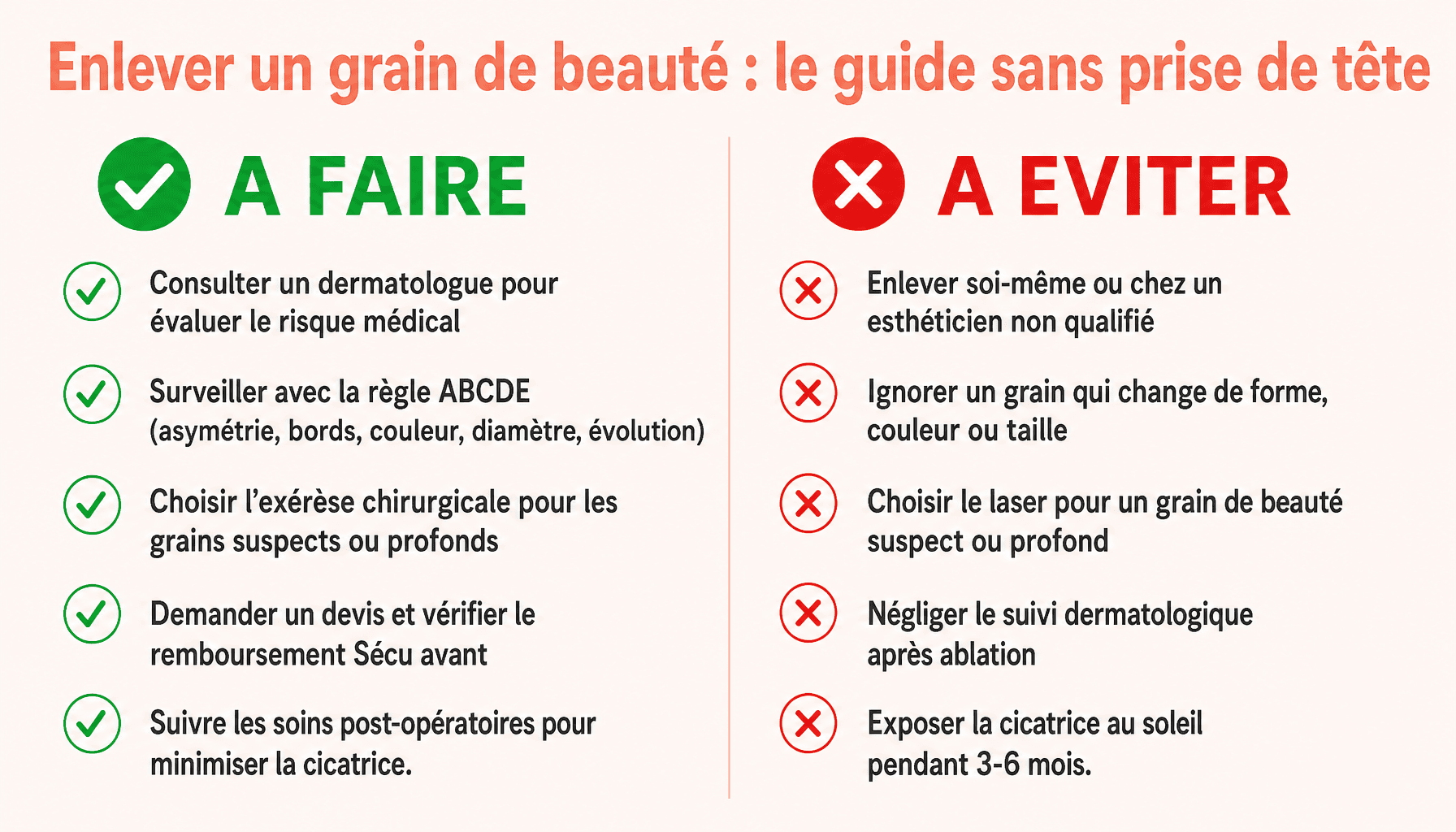 Infographie enlever grain de beauté : conseils à faire et à éviter avant consultation dermatologue