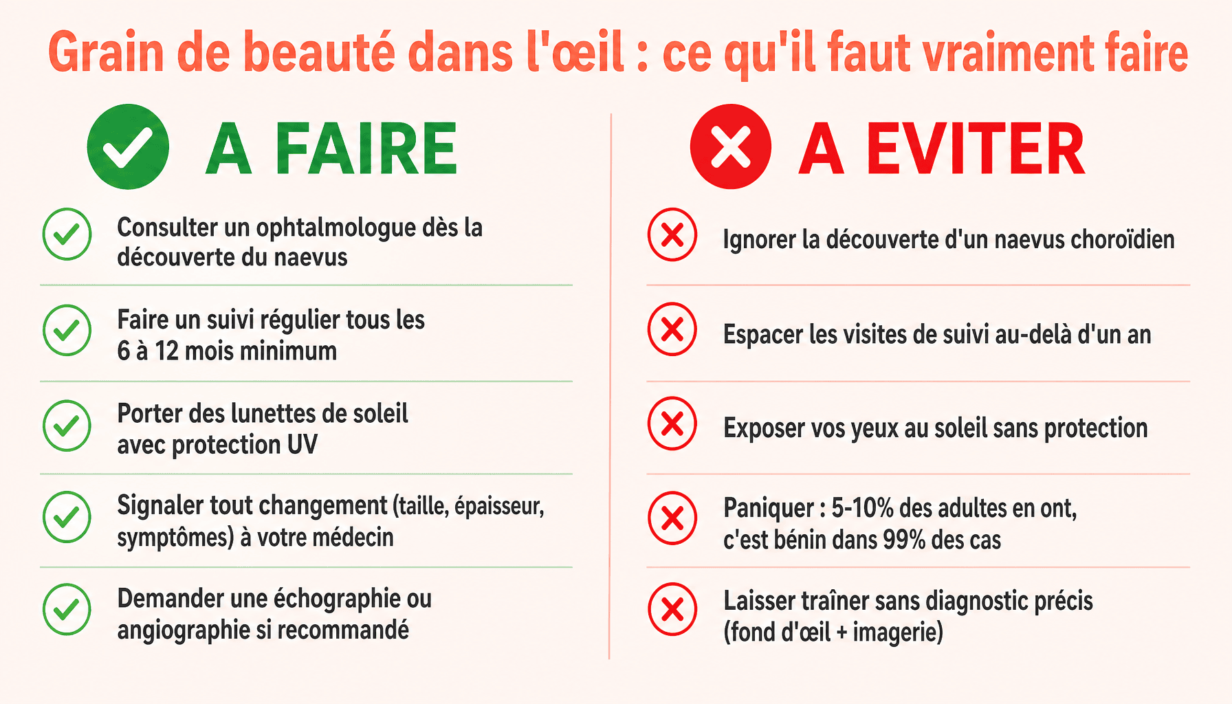 Infographie grain de beauté dans l'oeil : conseils à faire et à éviter pour surveillance