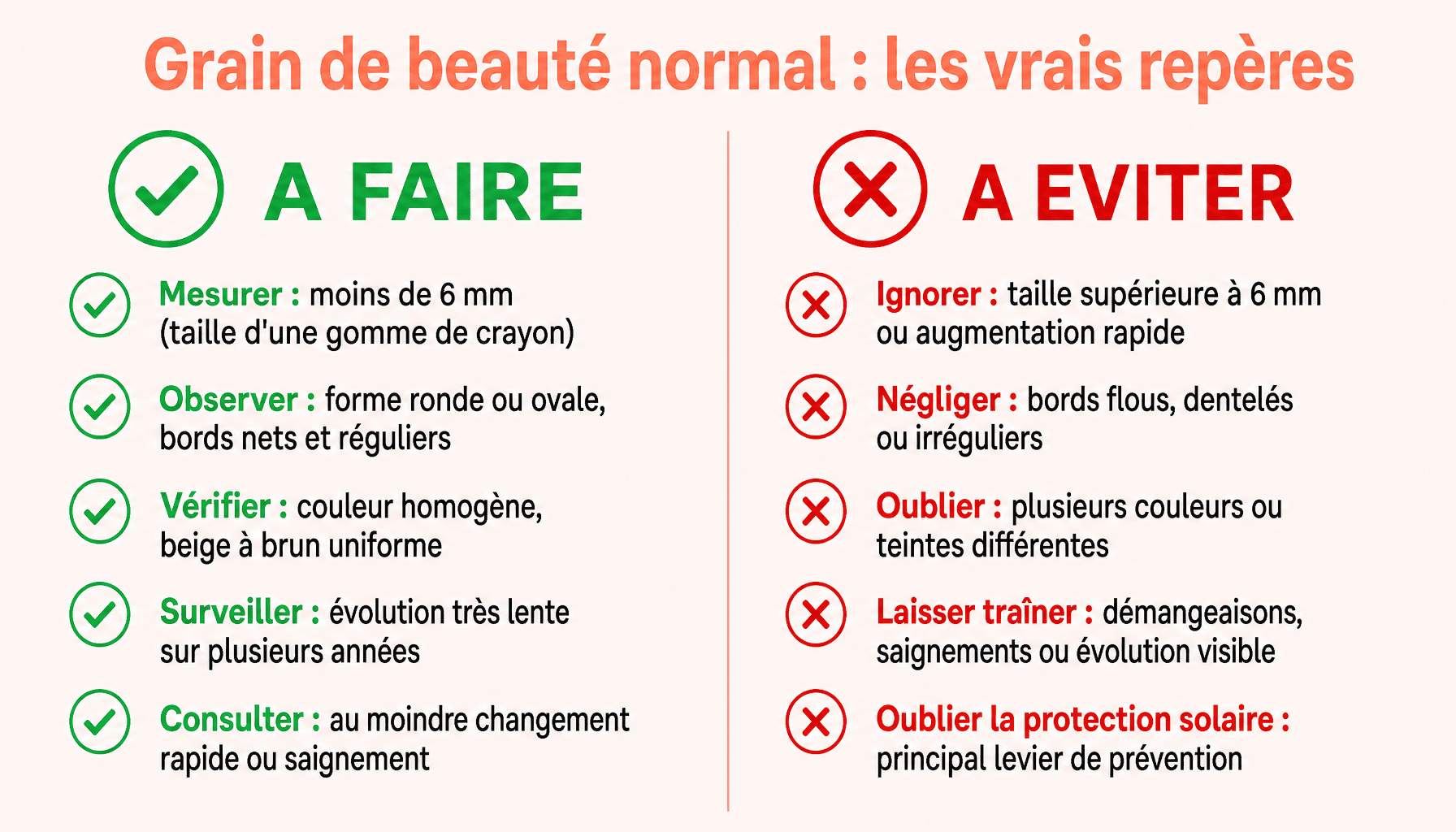 Infographie comparant les caractéristiques d'un grain de beauté normal versus atypique selon la règle ABCDE